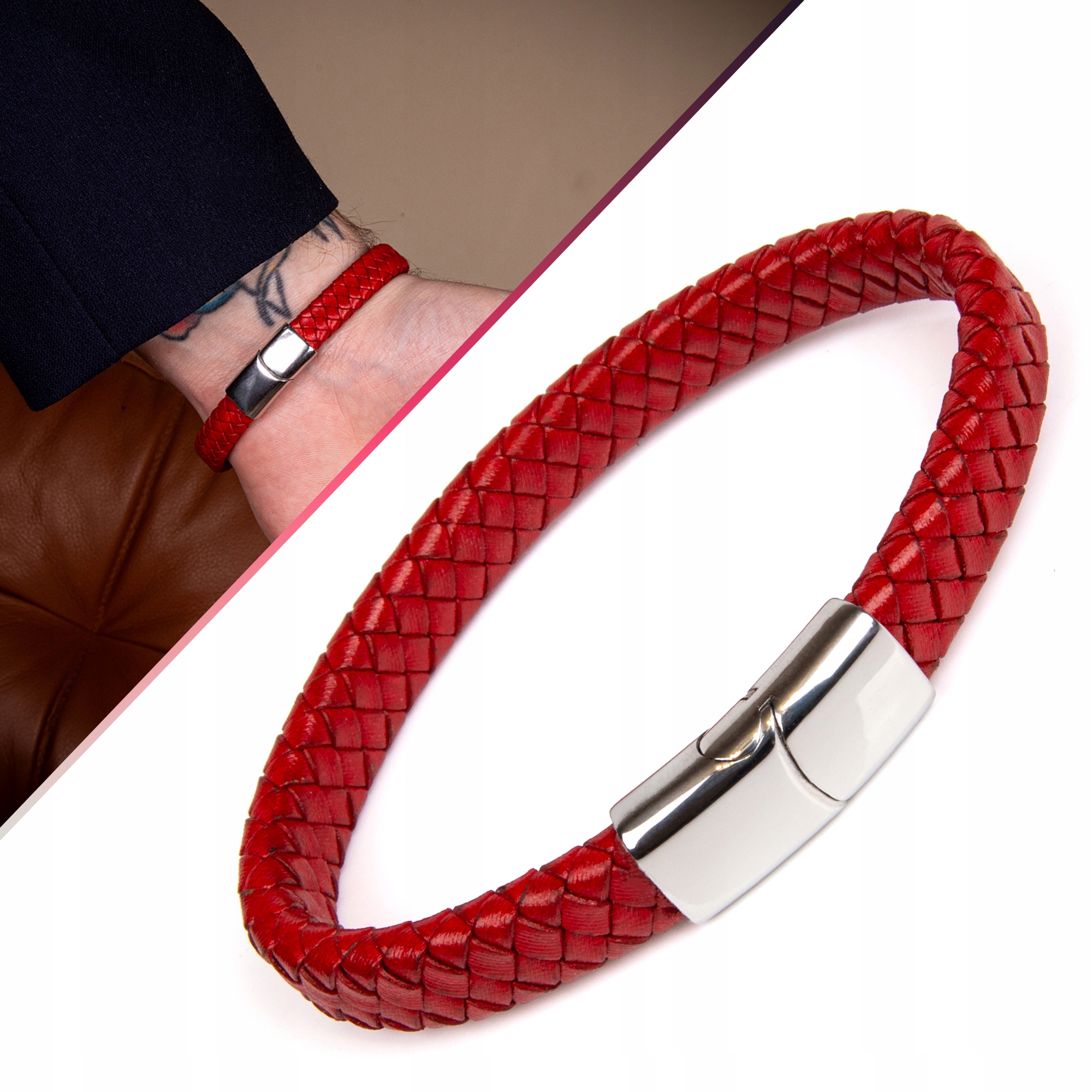 Červený kožený náramek 10 mm 20,5 cm, červený