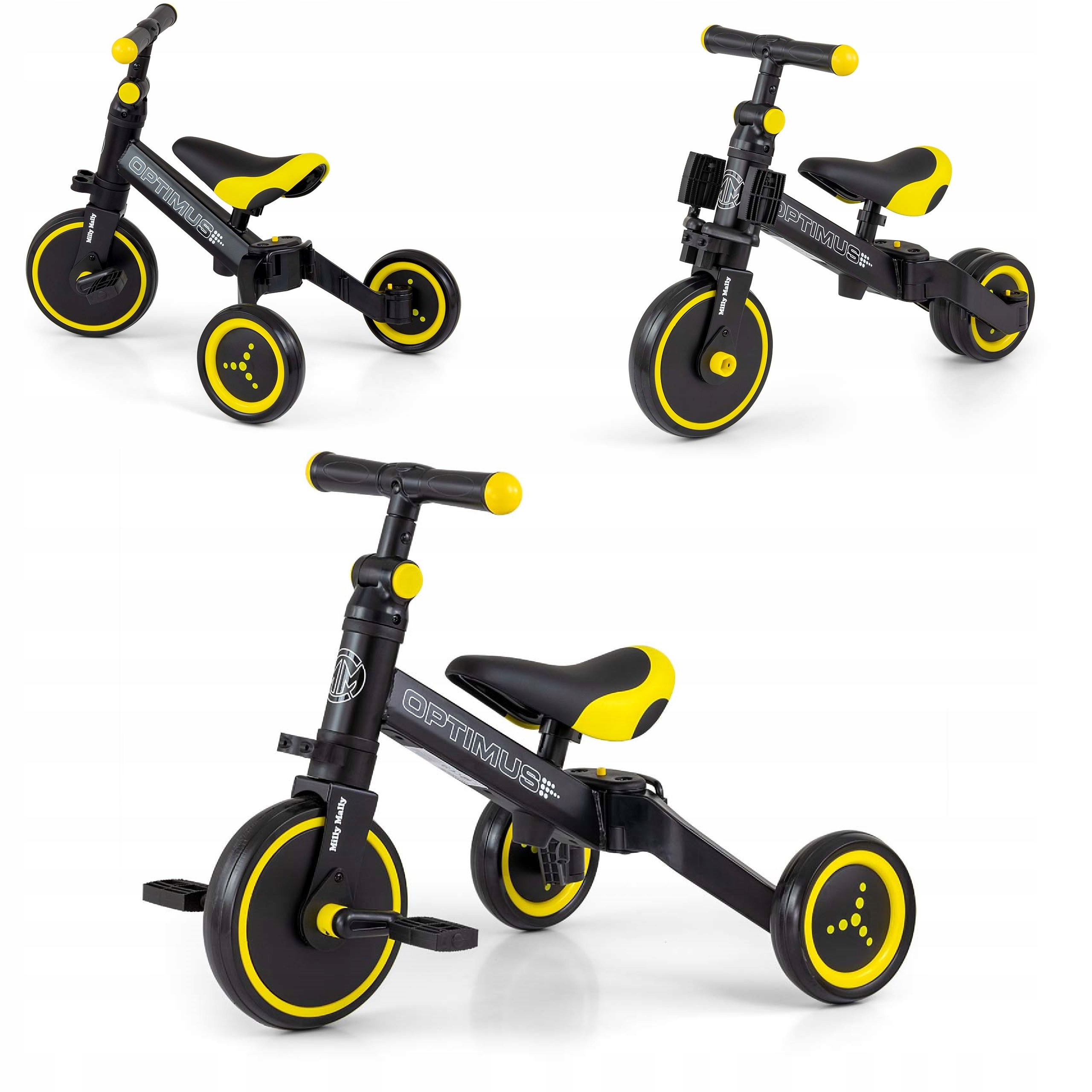 Rowerek 3w1 Optimus Żółty Biegowy Pedały Pchacz Czarny Składany 12m+