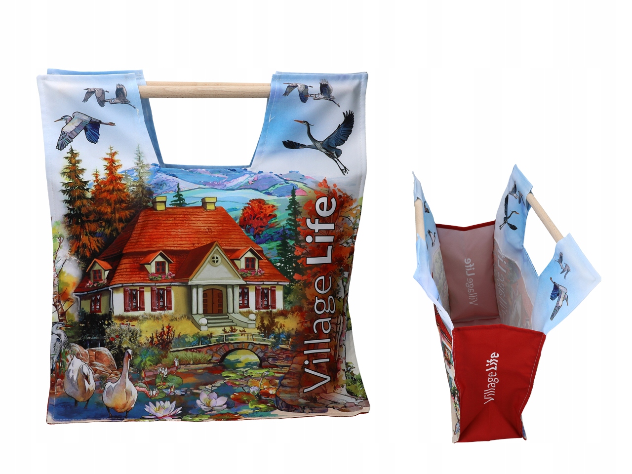 Taška S Dřevěným Držadlem Village Life Látková Nákupní Taška