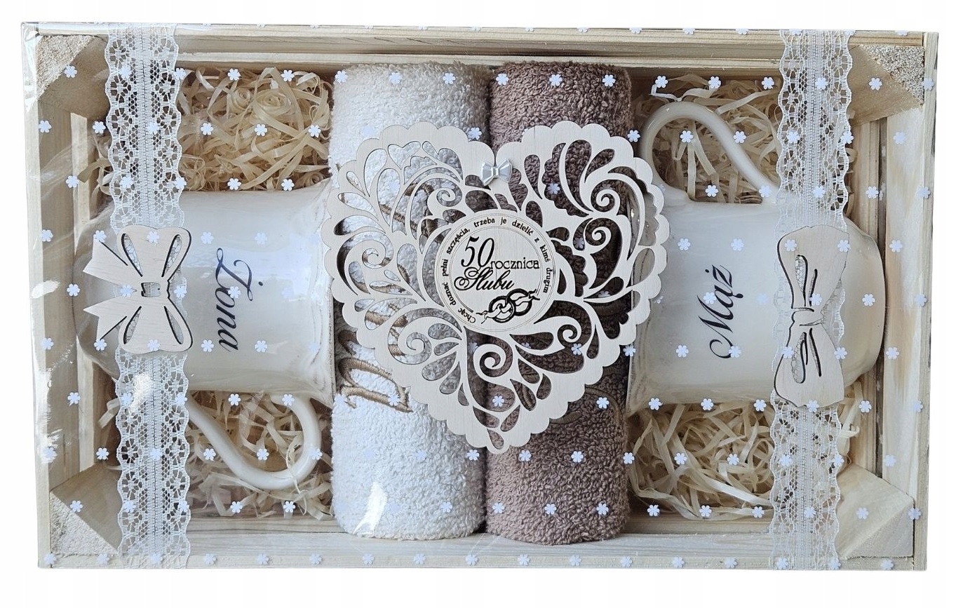 Zestaw prezentowy Rocznica Ślubu Mąż Żona kubki 400 ml ręczniki skrzynka