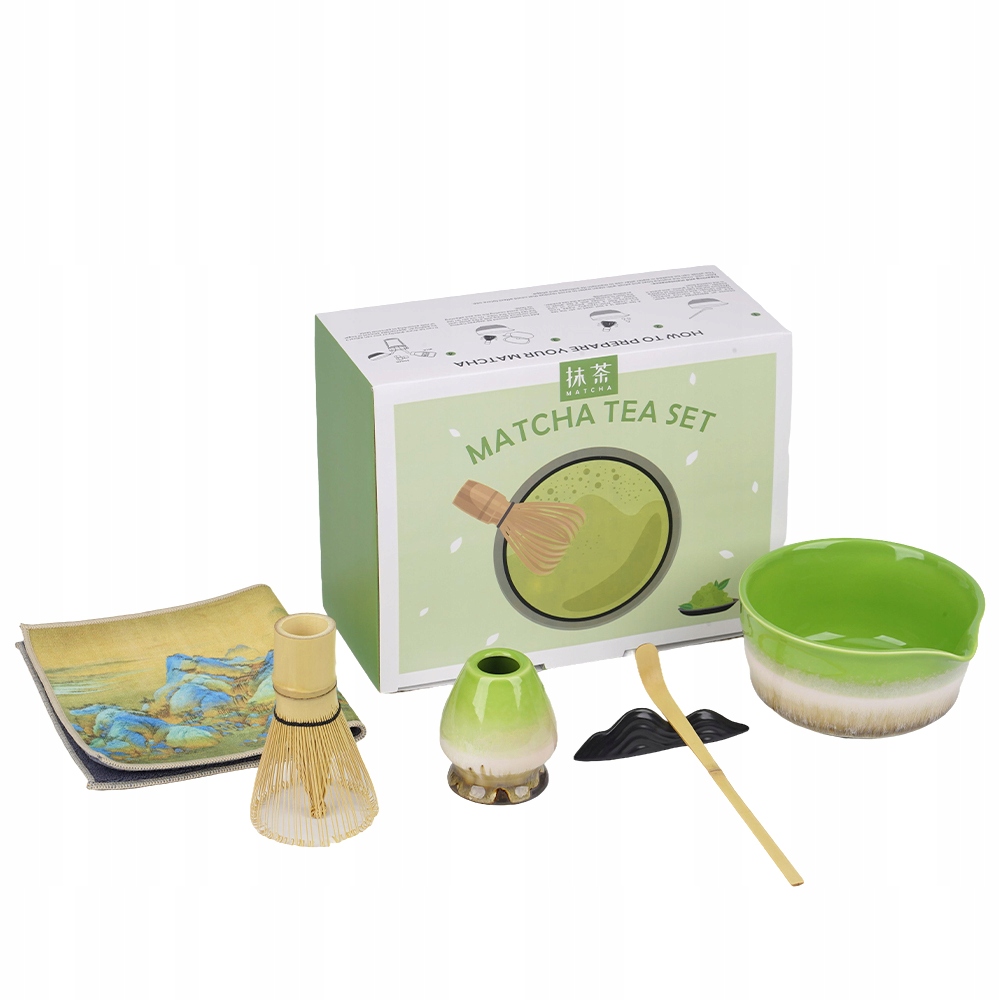 Levně Sada na čaj Matcha 6 El. Keramická miska, Chasen, Zelená utěrka