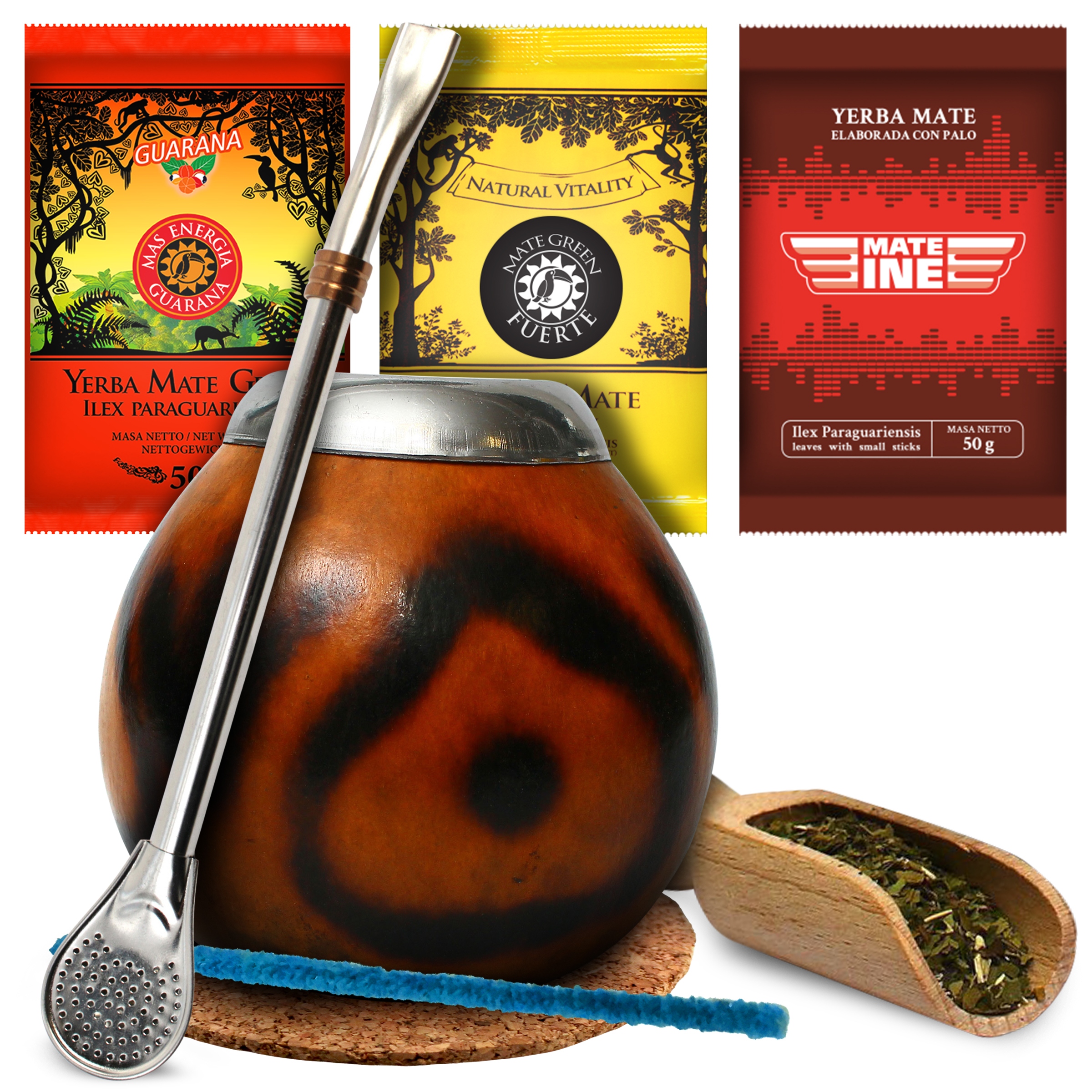 Levně Set Yerba Mate Velká Přírodní Tykva bombilla nabierka 3x50g různé příchutě