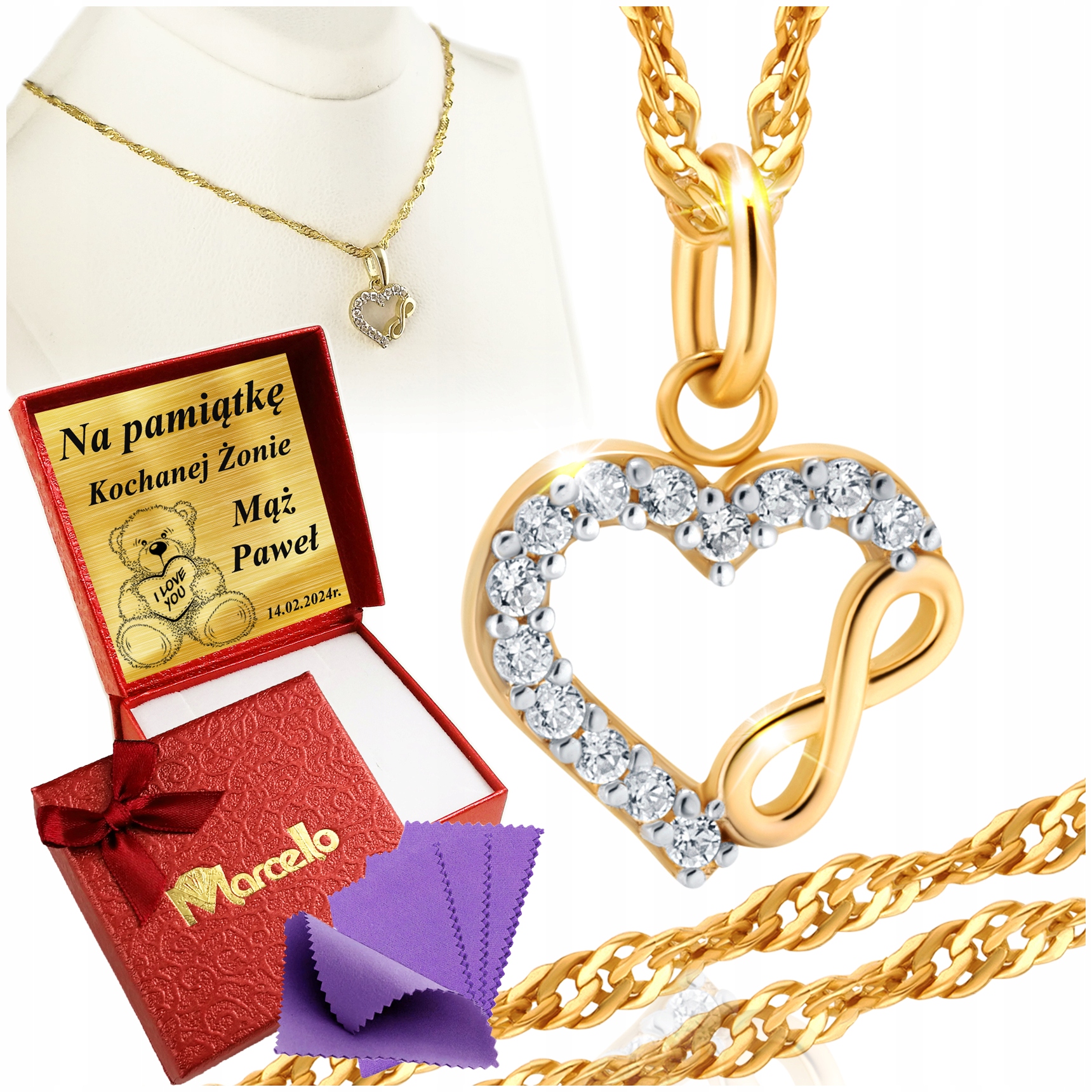 Złoty Łańcuszek 585 Naszyjnik Wisiorek Serce Grawer Upominek