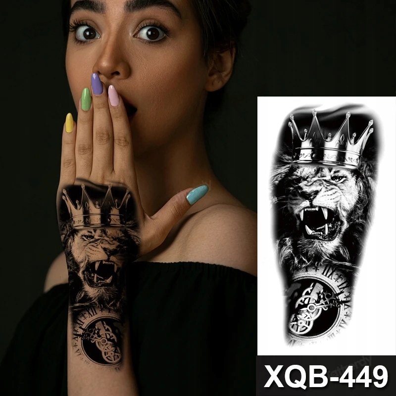 TATUAŻ TYMCZASOWY LEW W KORONIE I ZEGAR TATUAŻ ZMYWALNY WODOODPORNY 1 ark Stan opakowania oryginalne
