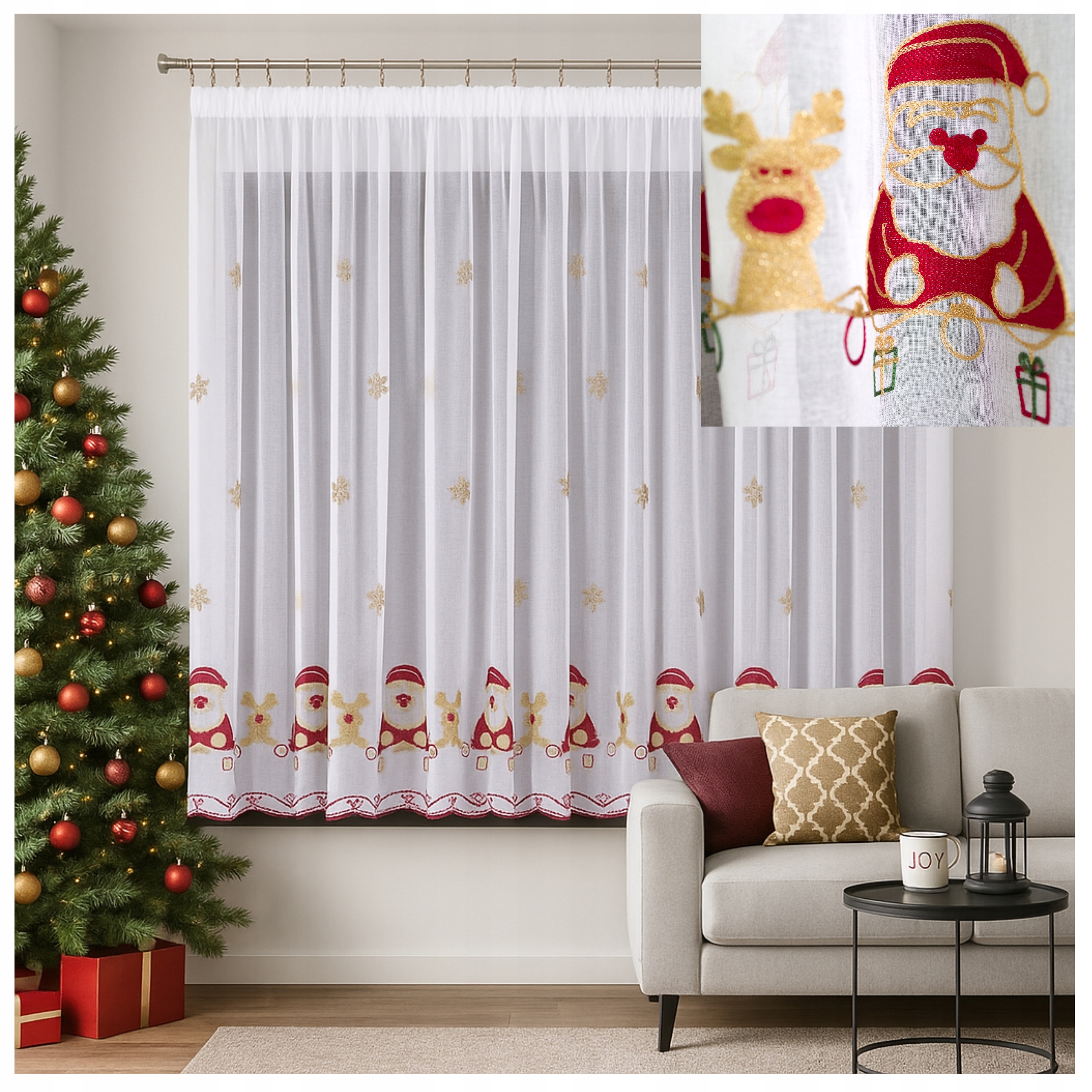 Záclona s výšivkou 800 x 210 cm Mikulášští sobi zlaté sněhové vločky jsou hotové