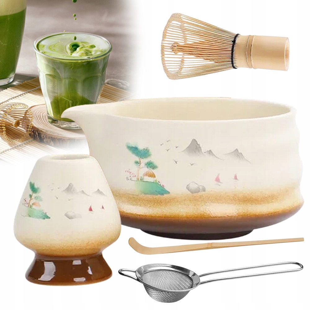 Čajová Sada Matcha Dárková Metla Šlehací Metla 5 Ks Keramika Bambus