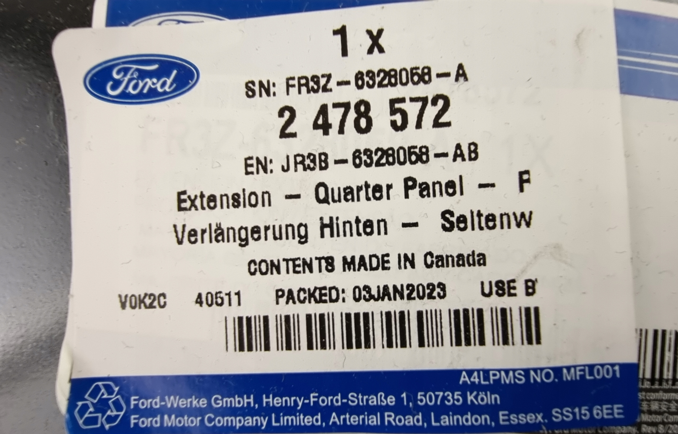 FORD OE 2126781 WZMOCNIENIE BŁOTNIKA PRAWE MUSTANG Producent części Ford OE