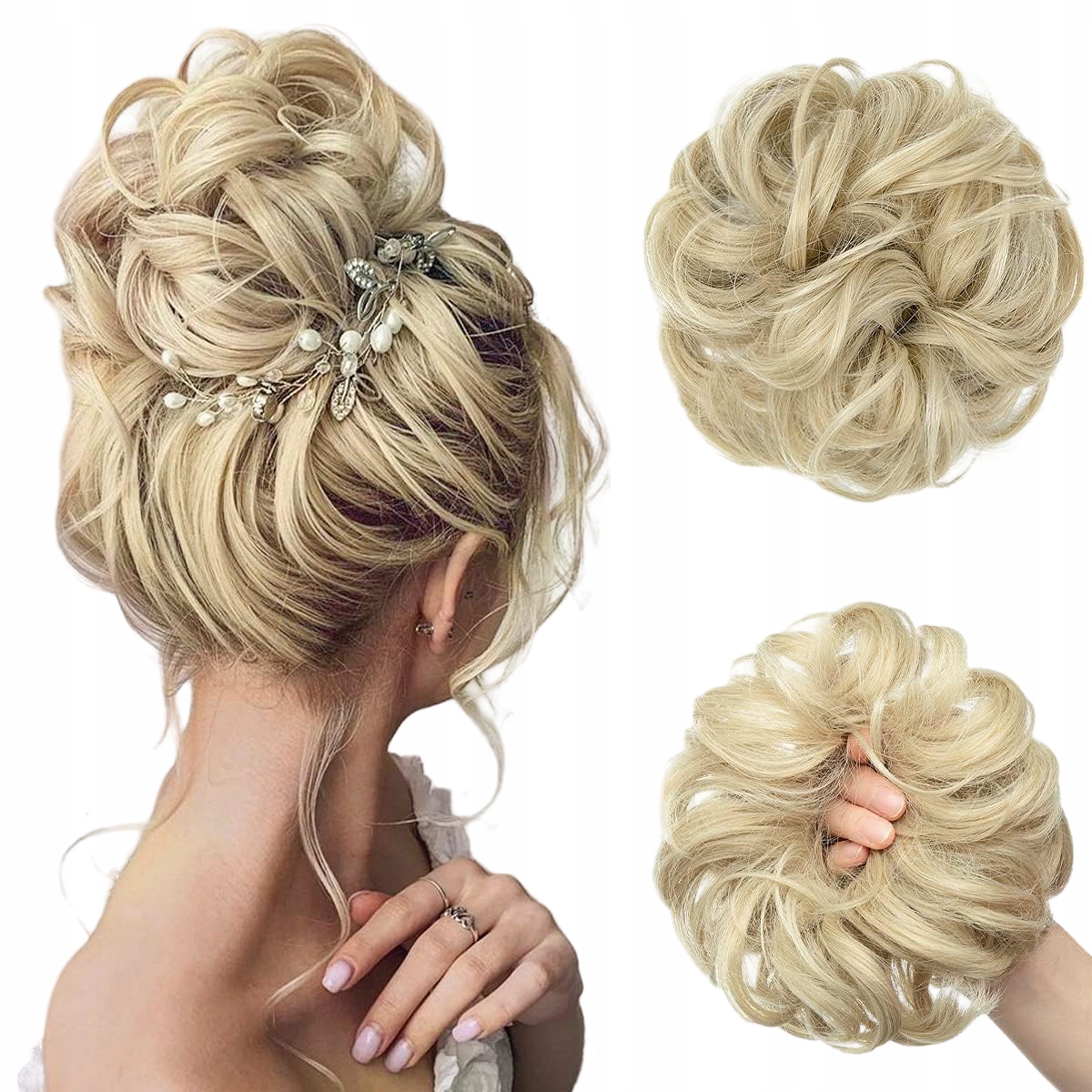 Umělé syntetické vlasy Připínací Drdol Poník Vlnitý Světlý Blond