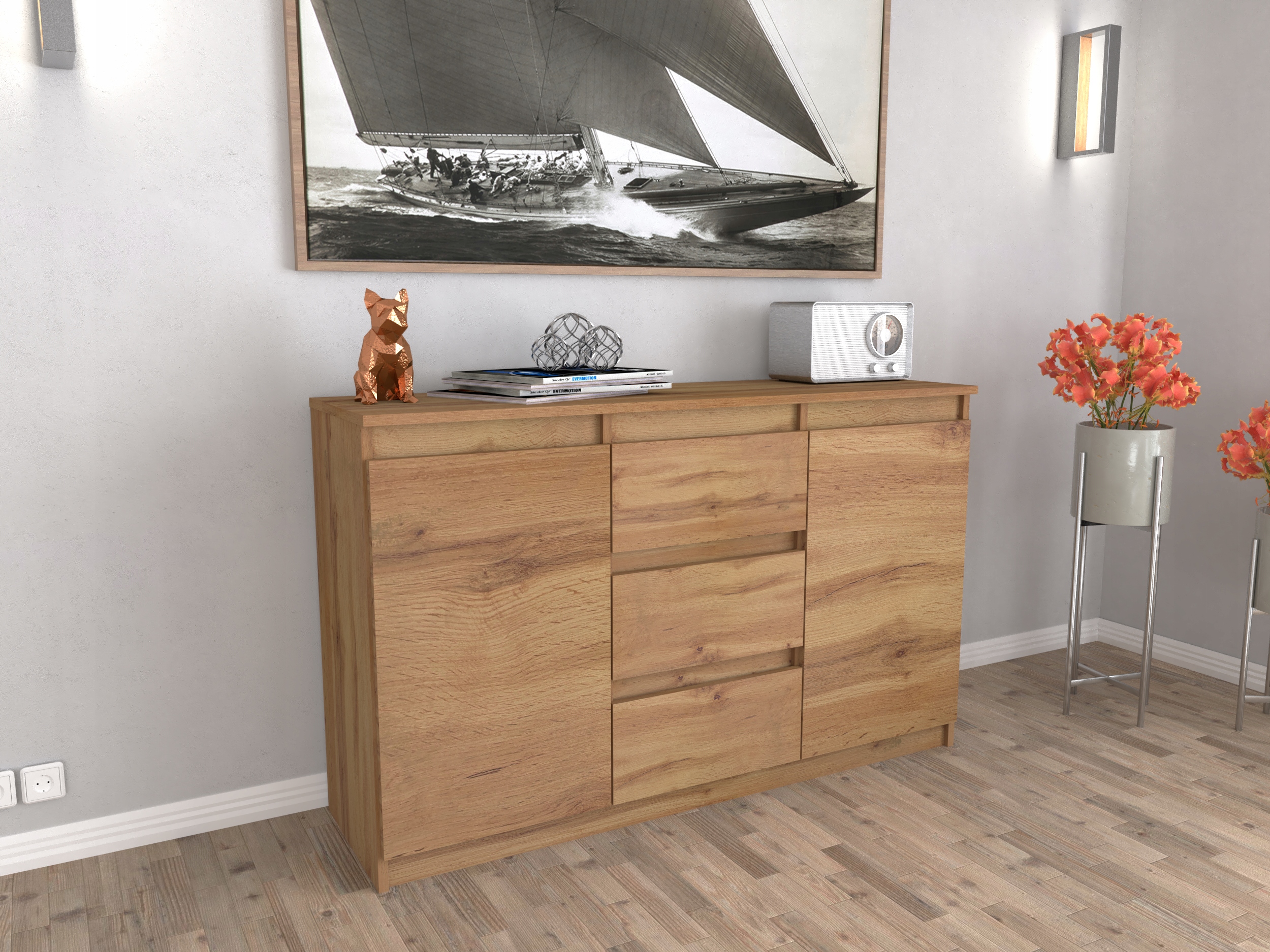 Komoda AGA 120CM DĄB WOTAN Nowoczesna Pojemna Szafka 3 Szuflady MIX KOLORÓW Marka AZ team