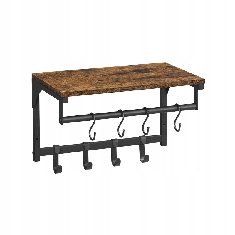 Nástěnná police 8 háčků, industriální 40 x 24 x 24 cm