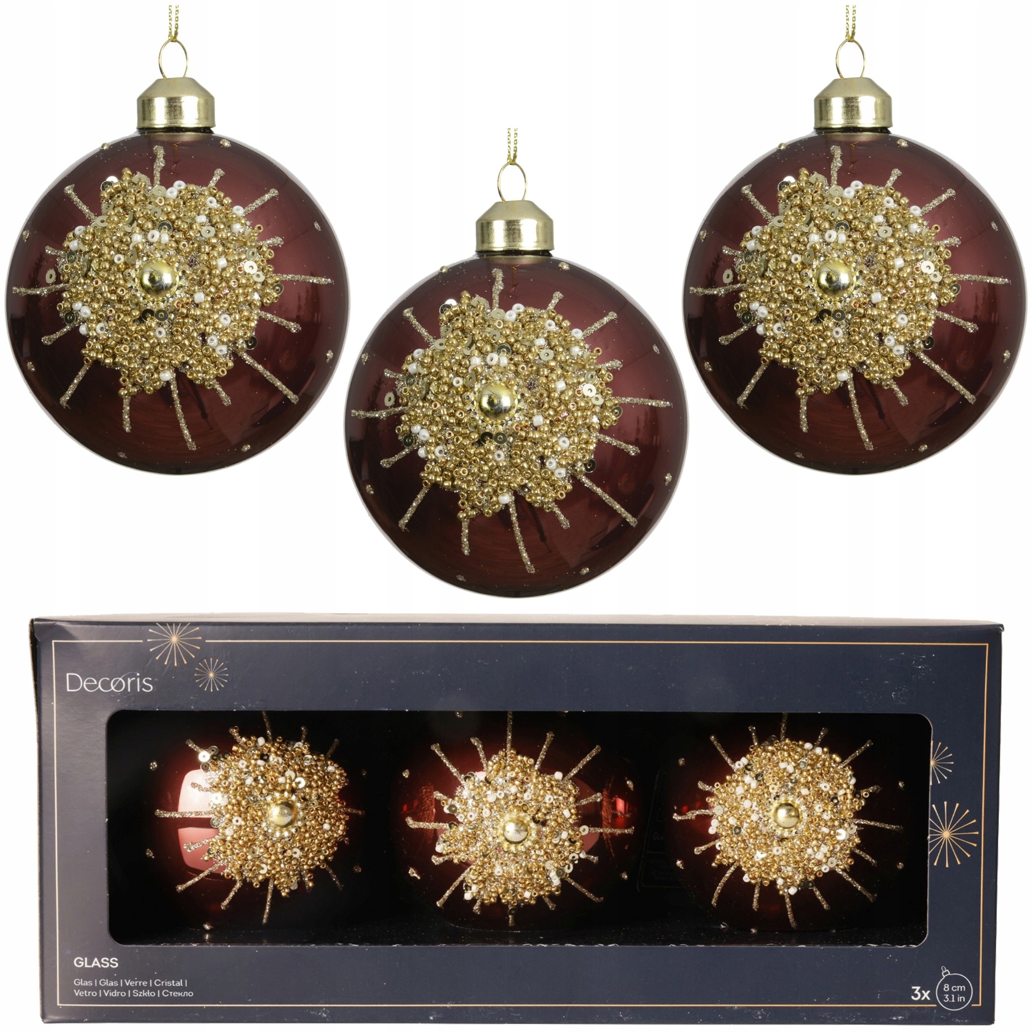 Skleněné vínové vánoční baňky s korálky 3 ks 8 cm zdobené zdobenými ozdobami