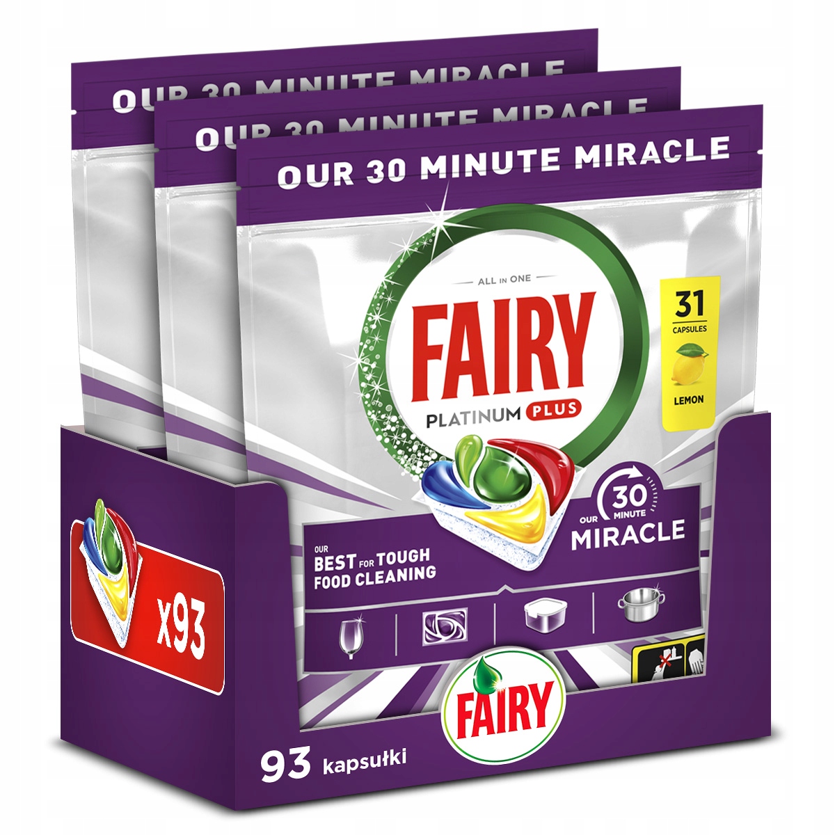 Fairy Platinum Plus 30 Minute Miracle Kapsułki do zmywarki Cytryna, 3x31szt