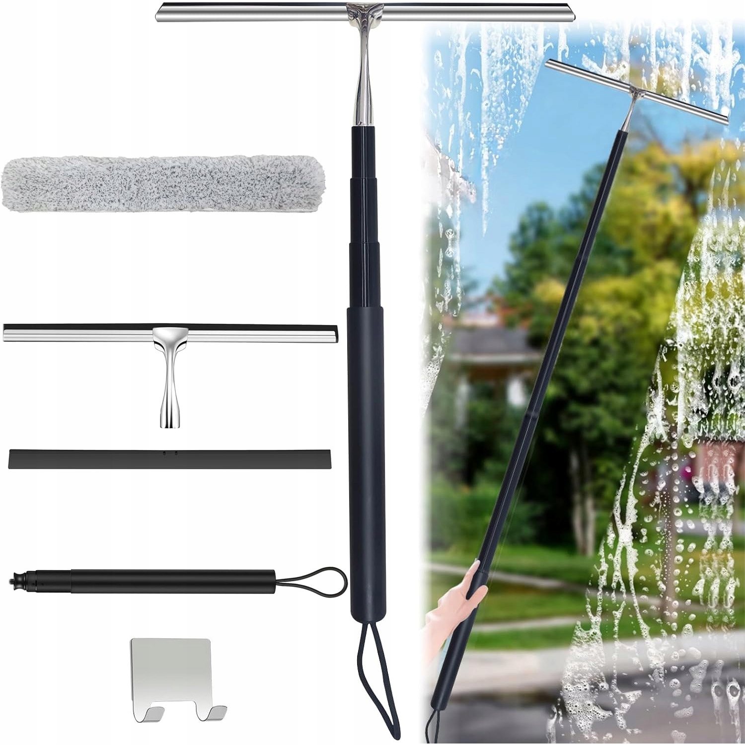 Levně Okenní Stěrač 12" S Násadou Pro Koupelnové Sklo A Podlahu, Černý