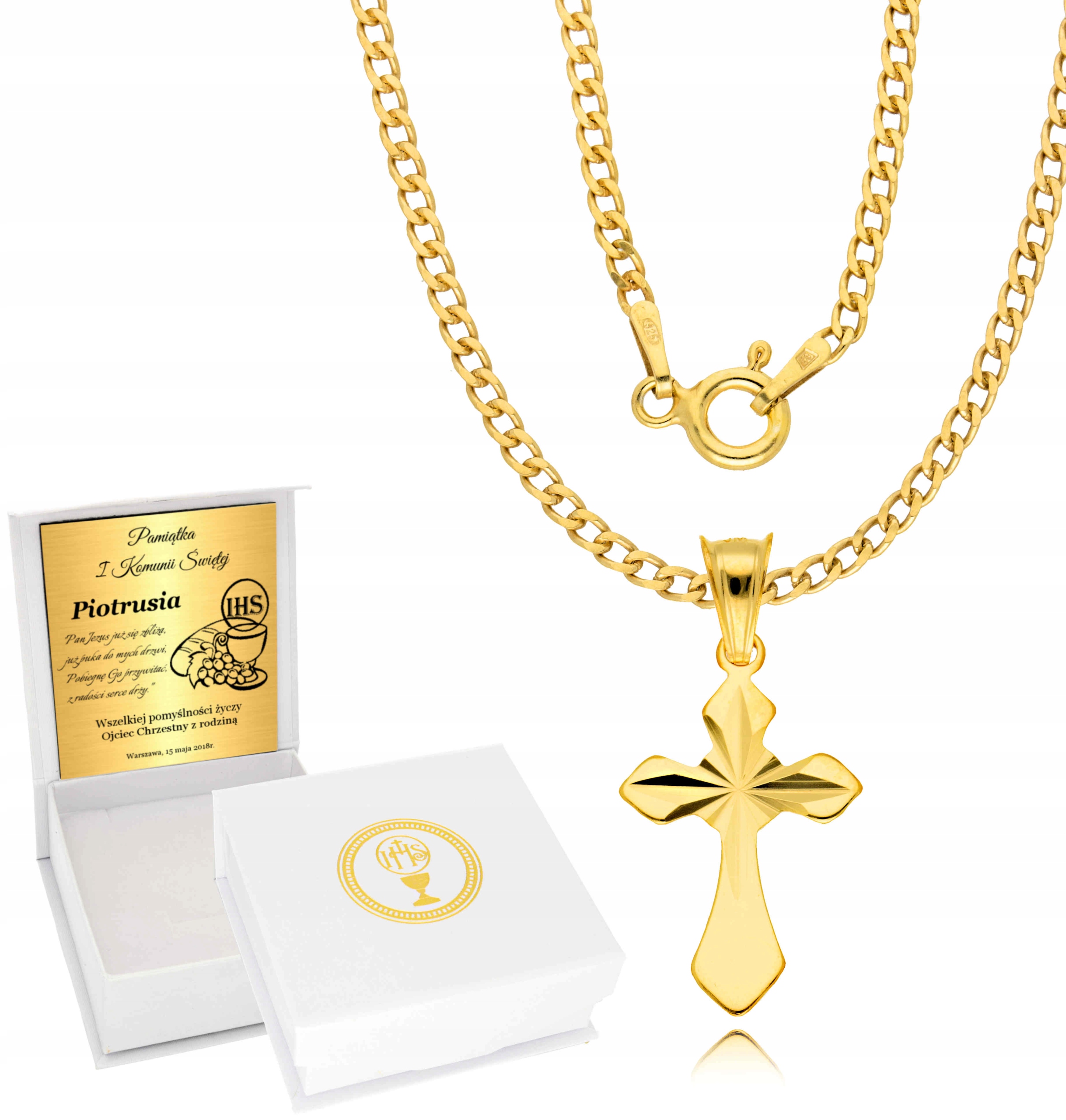 Złoty Łańcuszek 925 Krzyżyk Medalik Komunia Chrzest Bierzmowanie Grawer