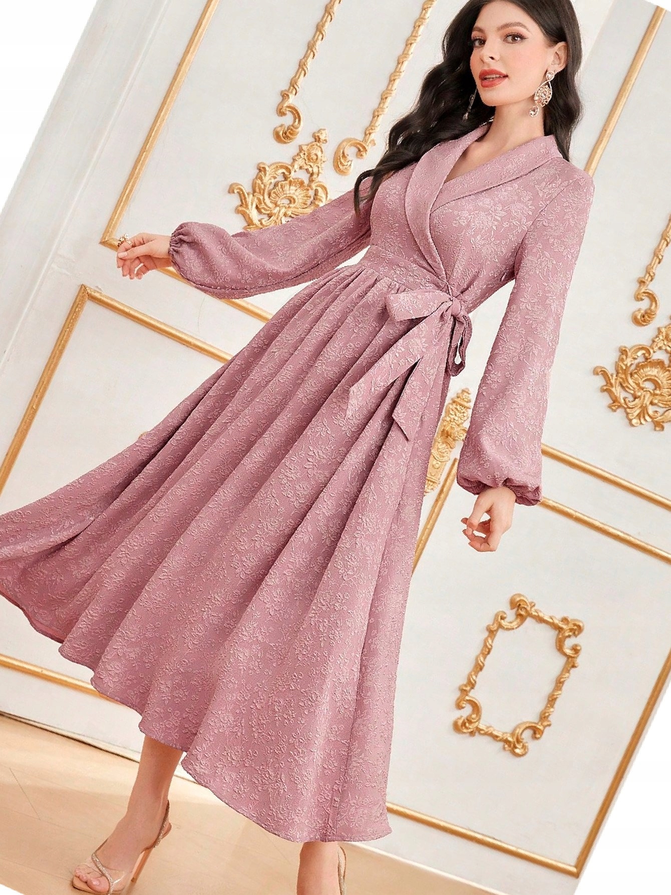 Šaty Žakárová Pink Dusty Maxi Návštěvnická prošívaná L 40