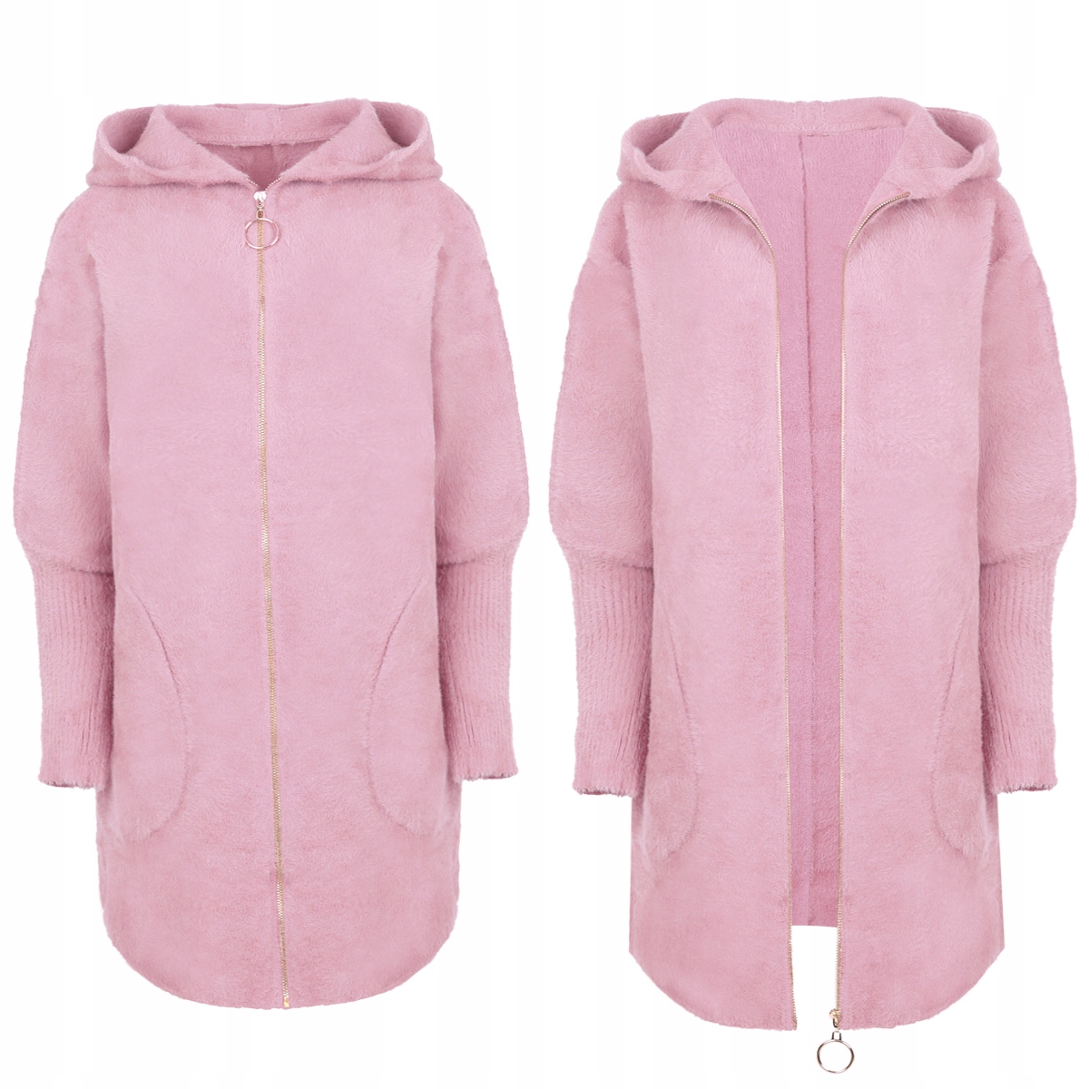 Płaszcz Alpaka Kurtka Zamek Wełna Suwak Pudrowy Róż