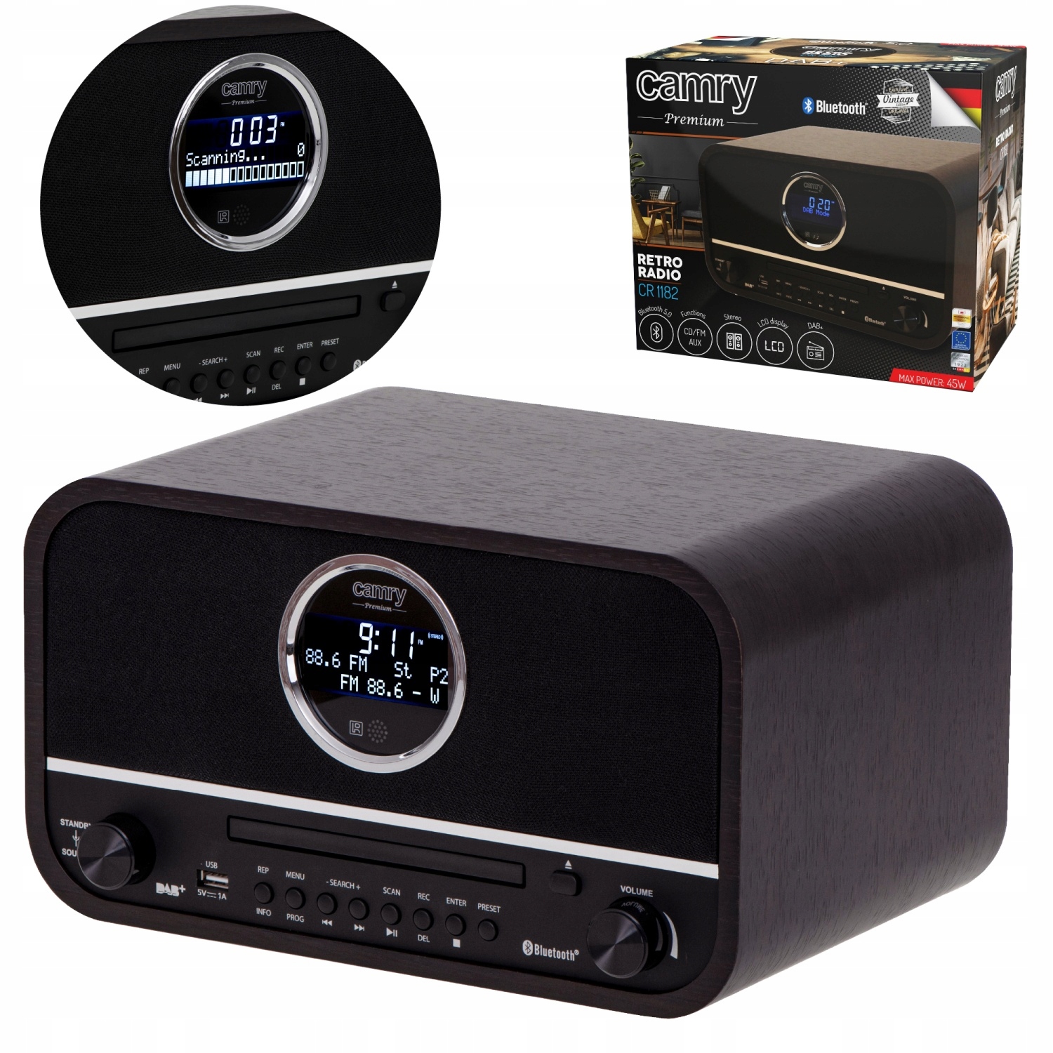 Retro Rádio LCD Prenosné Kuchynské 45W Bluetooth Diaľkové Ovládanie Fm/cd/aux Čierne