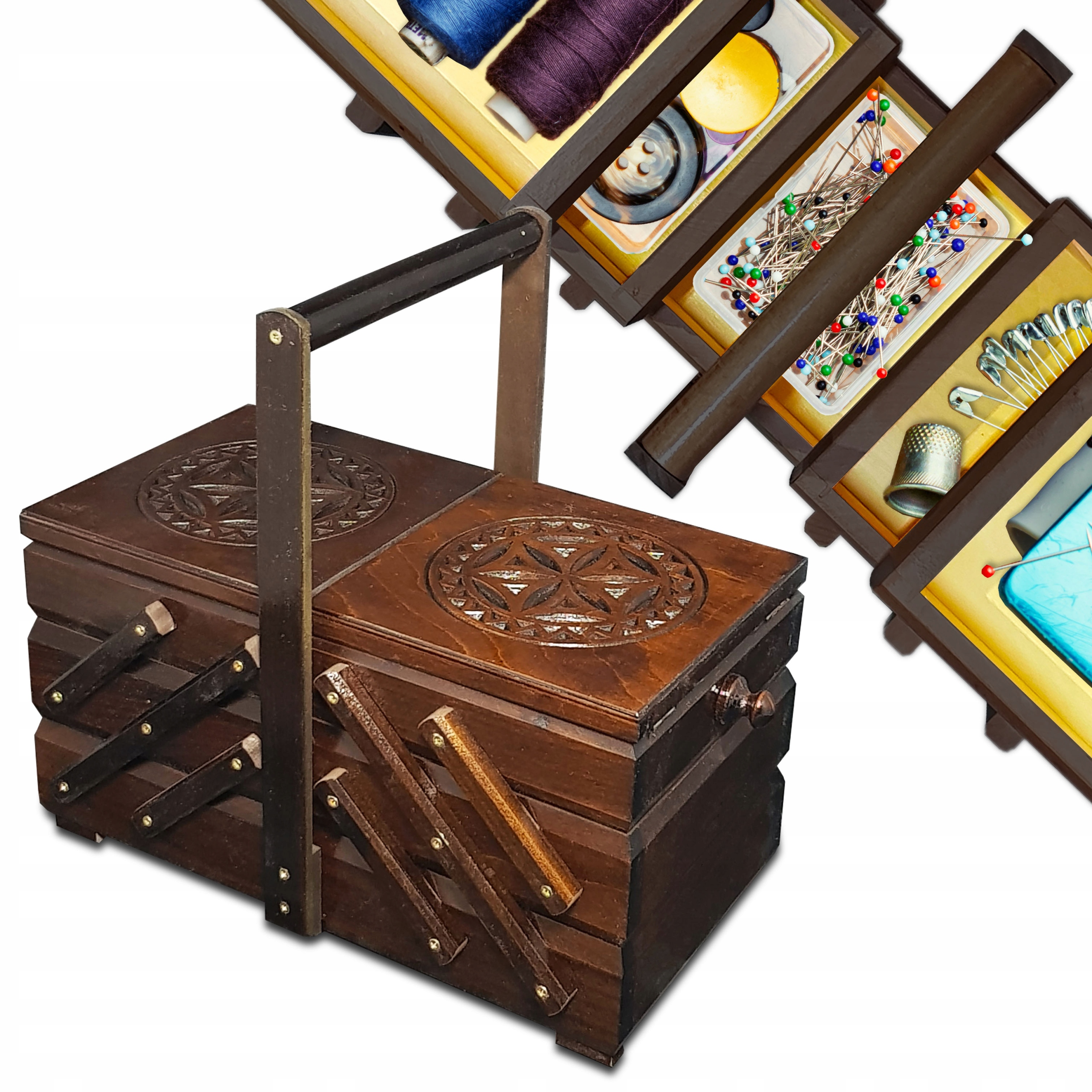 Niciarka Dřevěný kufřík Zásobník na nitě Šicí potřeby Vyřezávaná