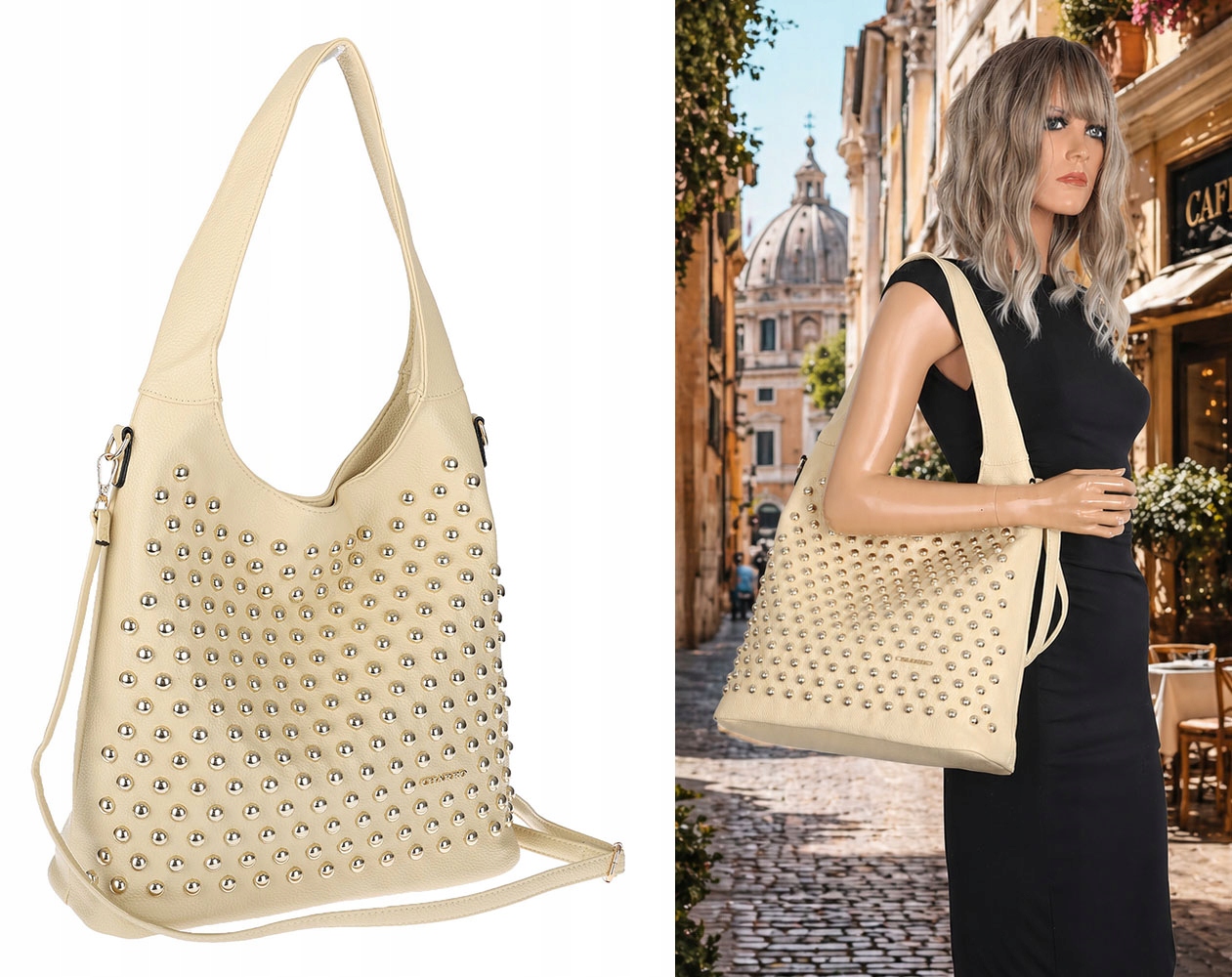 Dámská taška kabelka přes rameno A4 shopper s nýty módní taška CH26 Žlutá