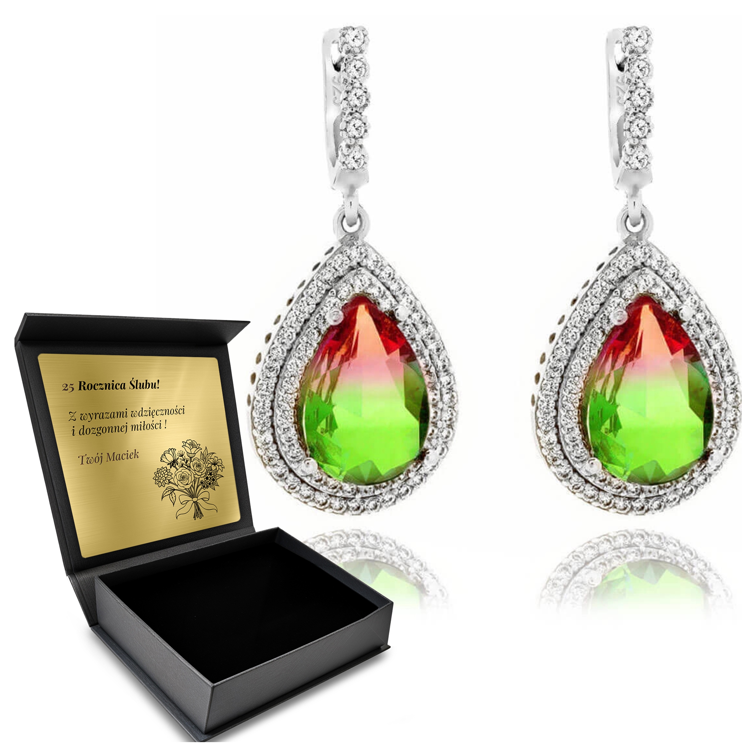 Stříbrné Náušnice 925 Zirkony A Turmalín Dárek pro ženu Gravírování
