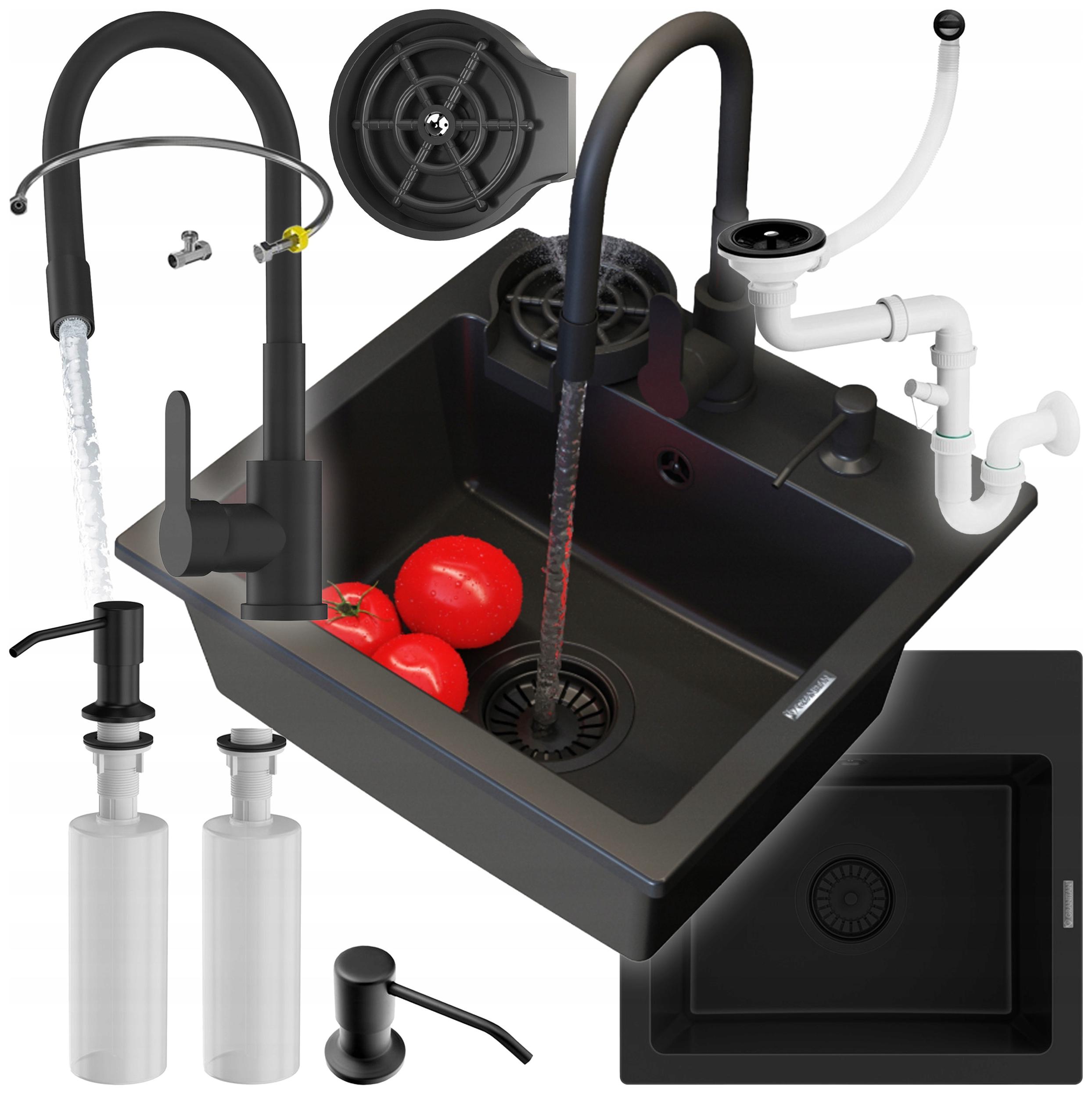 Granitový Dřez Černý Baterie Dávkovač Myčka Kuchyňský Set Teor