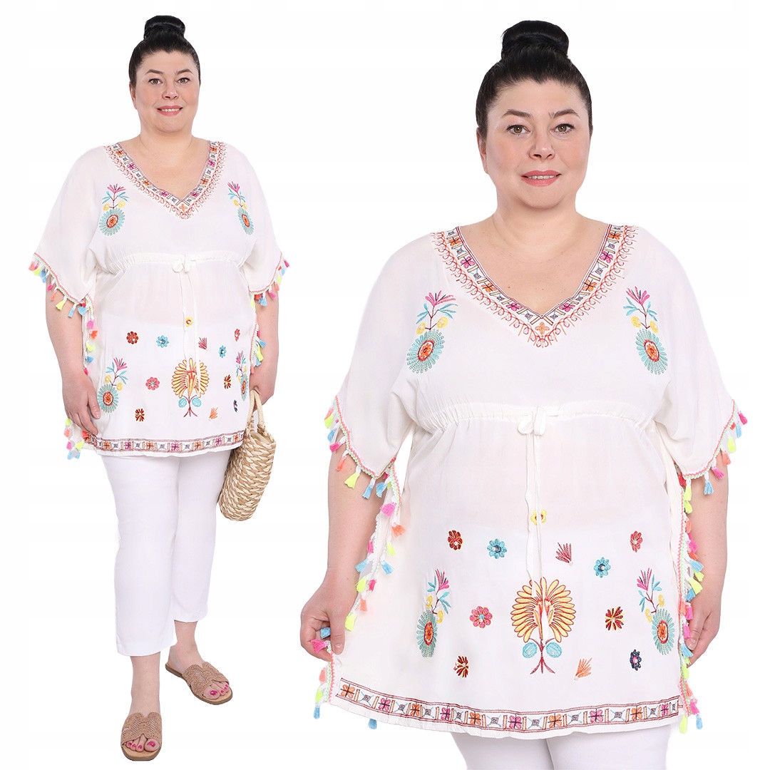 Białe ponczo w kolorowe wzory 46-52