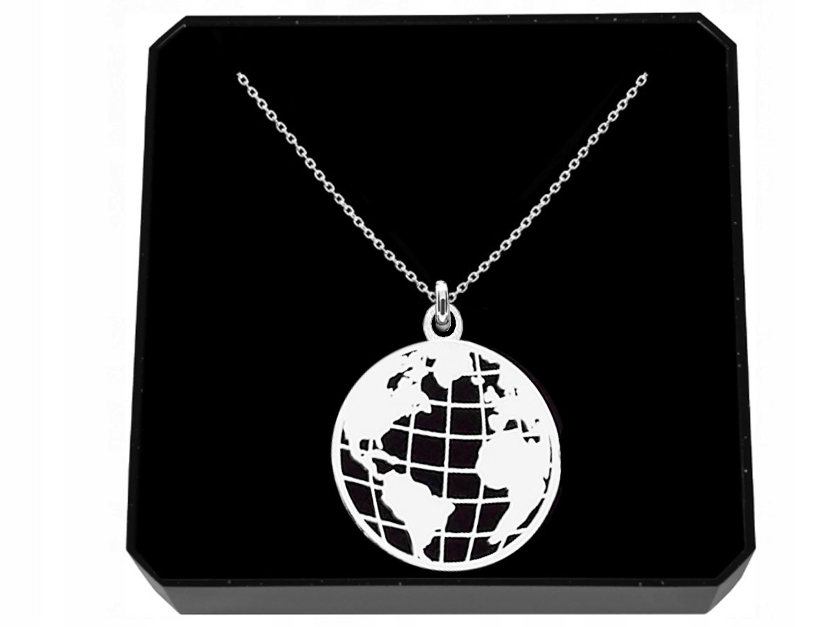 Naszyjnik Srebrny 925 Globus Kula Ziemska Łańcuszek Zawieszka Pudełko