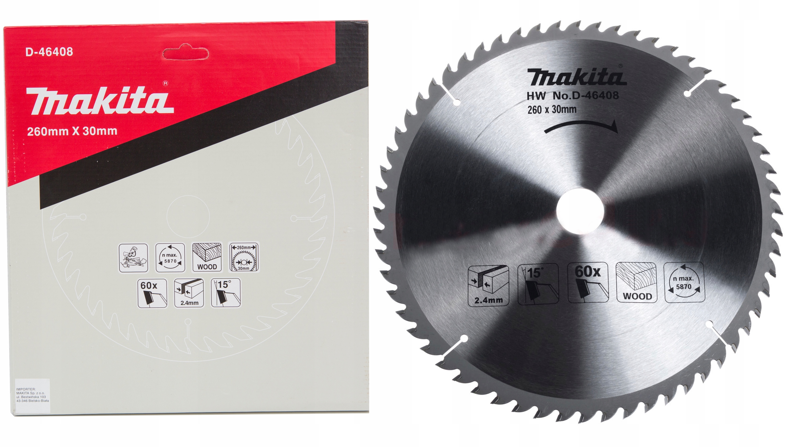 

Tarcza tnąca Makita 260x30 60z do drewna D-46408