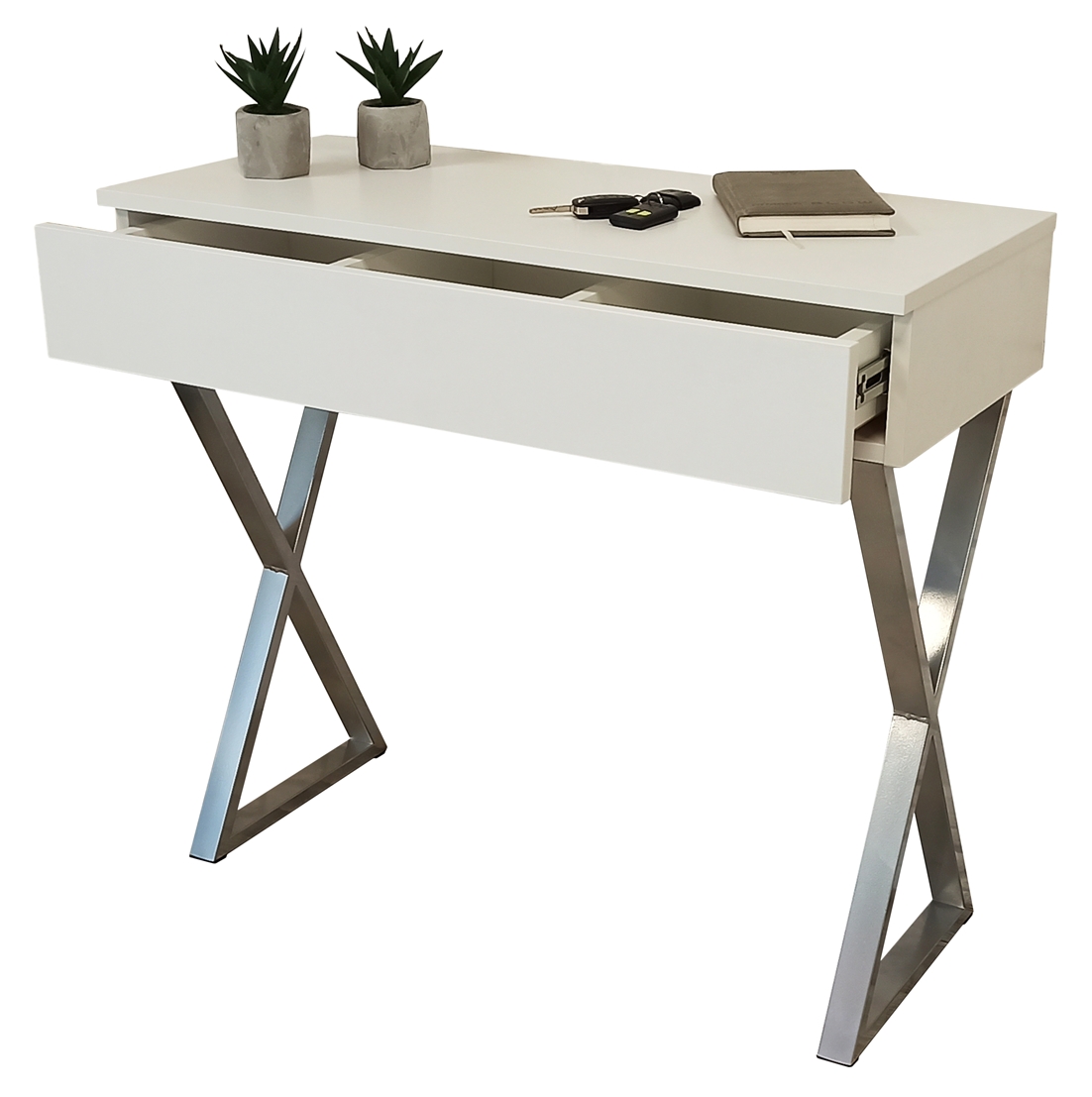 Toaletný Stolík S Bielou Matnou Zásuvkou A Striebornými Nožičkami 90 CM