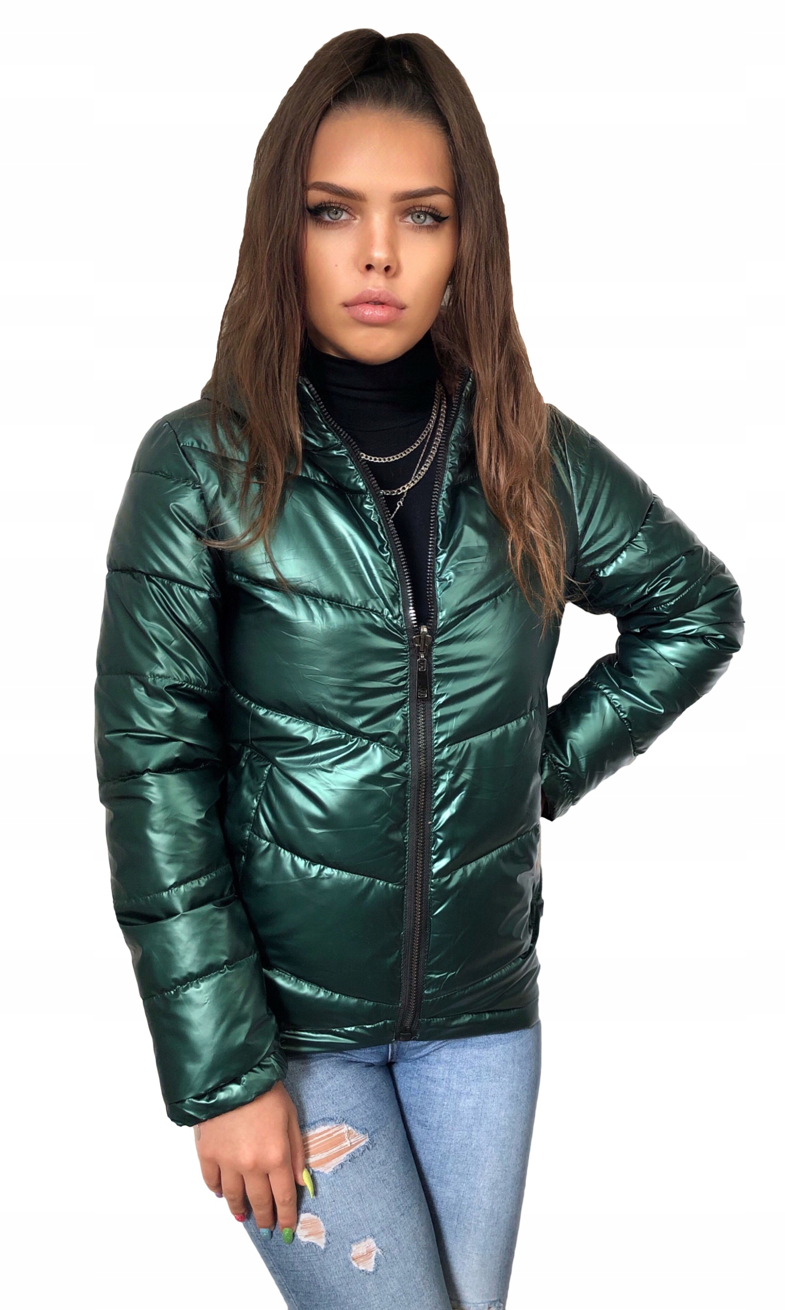 Zimní Bunda Dámská prošívaná Oboustranná, zelená, Péřové vzory 709 XL