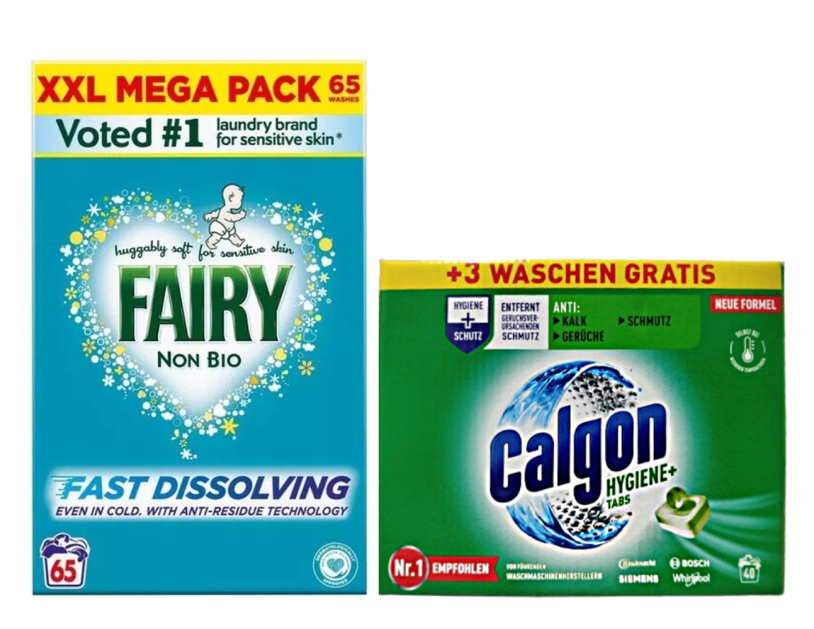 Calgon Hygiene+ odvápňovač 40 tabl. a prášek Fairy Non Bio antial. 65p.