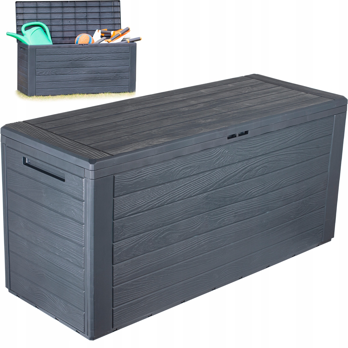Skrzynia Ogrodowa Na Balkon Taras Schowek Box Antracyt Imitacja Drewna 280L