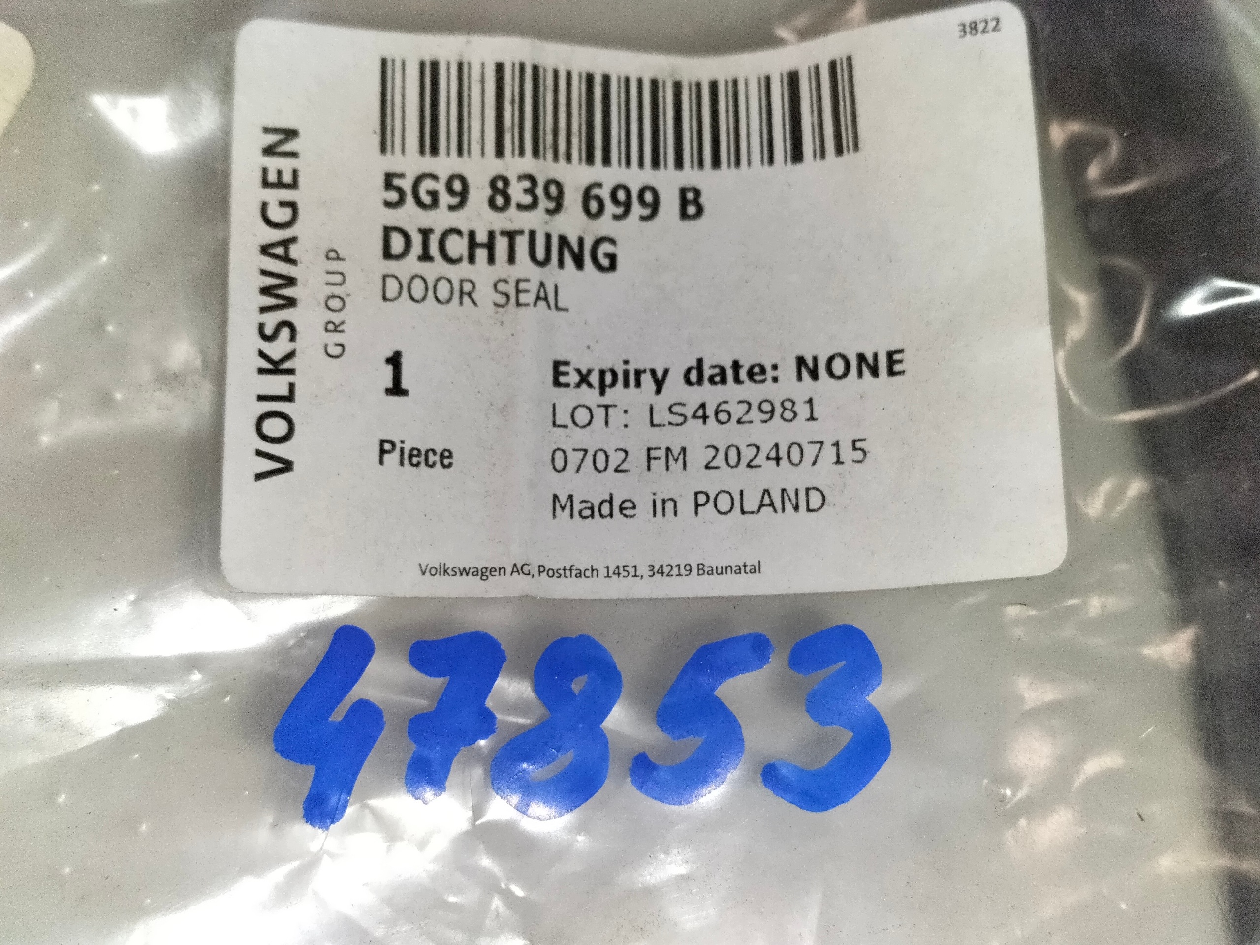 tömítés ajtó hátsó hátsó bal VW GOLF 7 VII 12- KOMBI