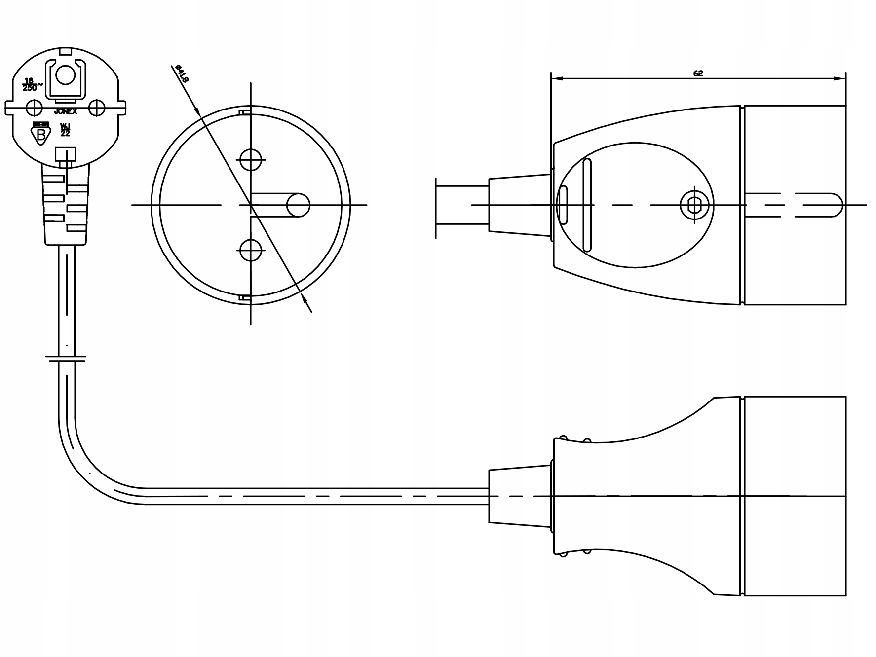 Przedłużacz pojedynczy z uziemieniem 3m czarny Długość przewodu 3 m