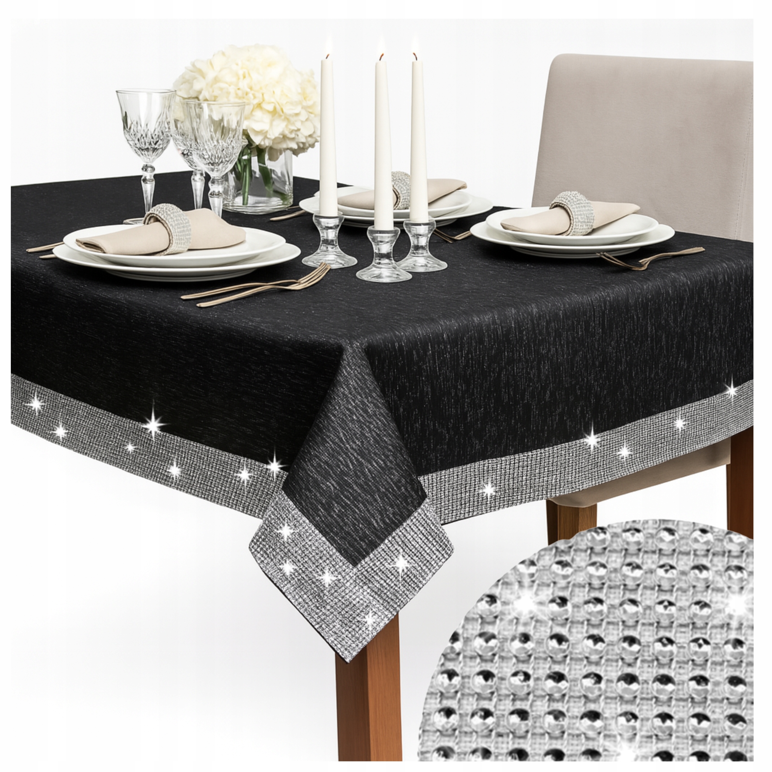 Obrus Czarny 140x200 z srebrnymi cyrkoniami plamoodporny błyszczący Glamour
