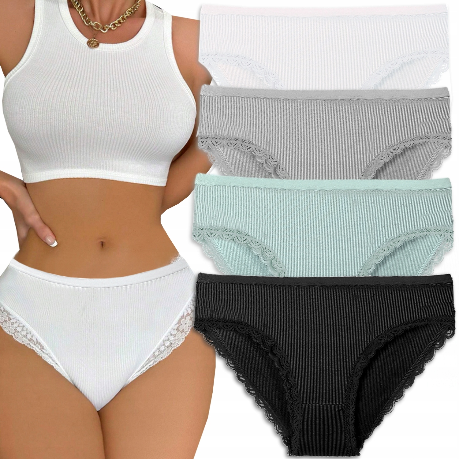 4x ELASTYCZNE MAJTKI FIGI BAMBUSOWE Z WYSOKIM STANEM PRĄŻKOWANE 4/5XL