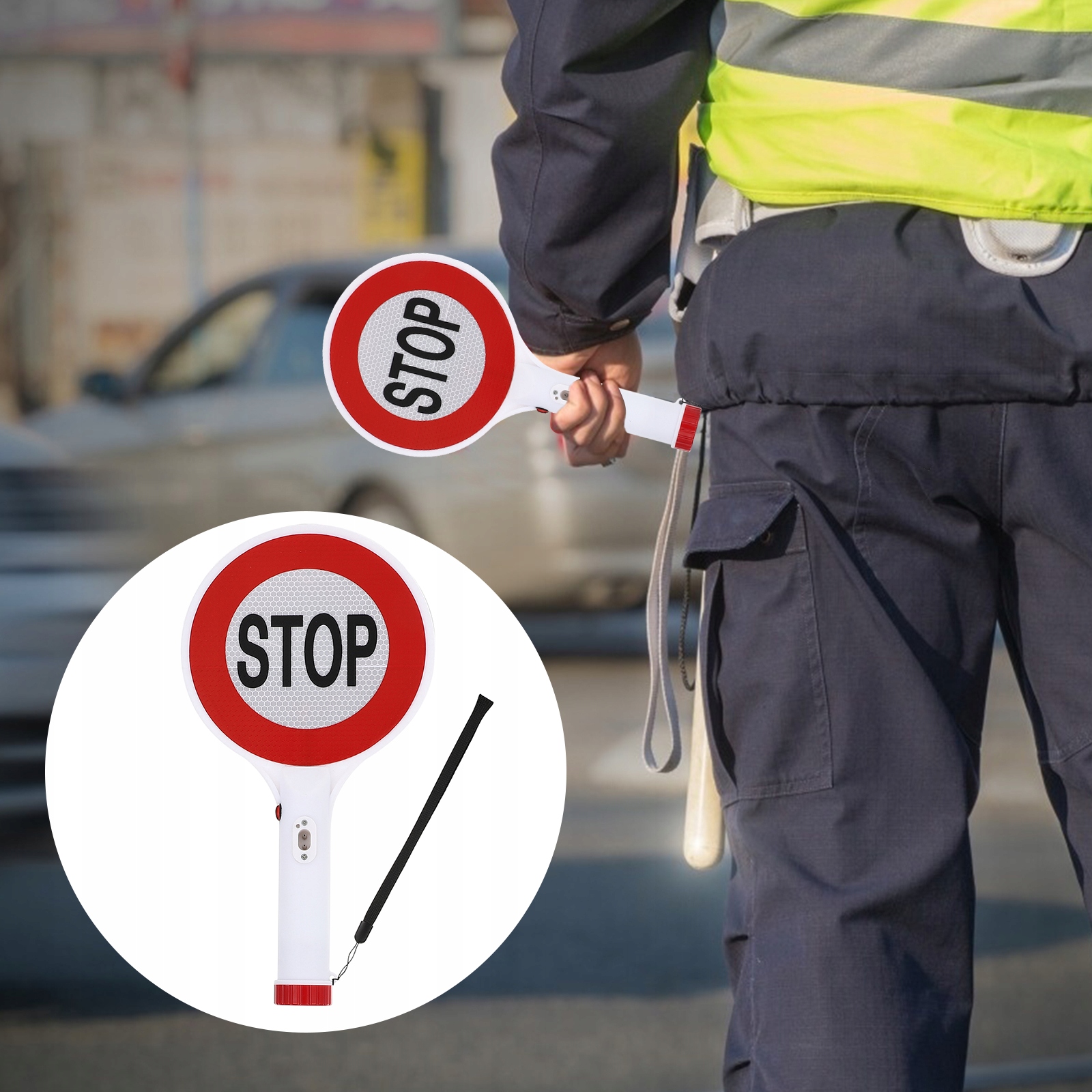 RĘKA TRZYMA ZNAK ZNAKI BEZPIECZEŃSTWA RUCHOWEGO ŚWIATŁO LED