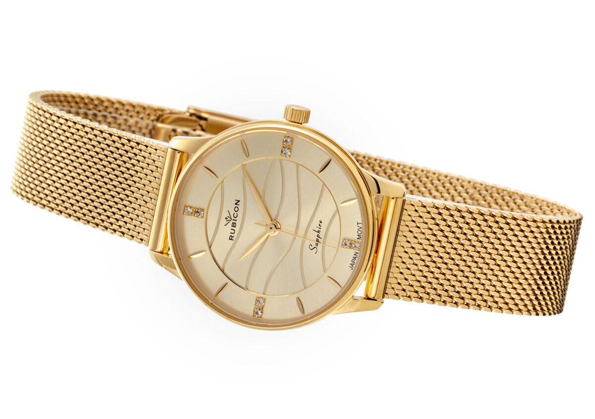 Elegantní Dámské Bižuterní Hodinky Rubicon RNBE35, Zlatý Mesh Saphire