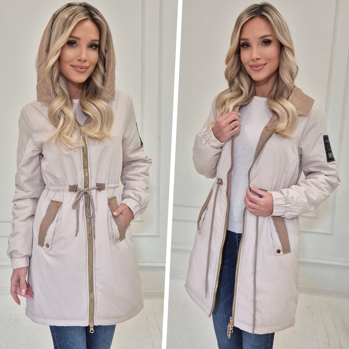 KURTKA DAMSKA_ŚCIĄGACZ W TALII_JESIENNA_PRZEJŚCIOWA Z KAPTUREM PARKA XXL Długość do połowy uda