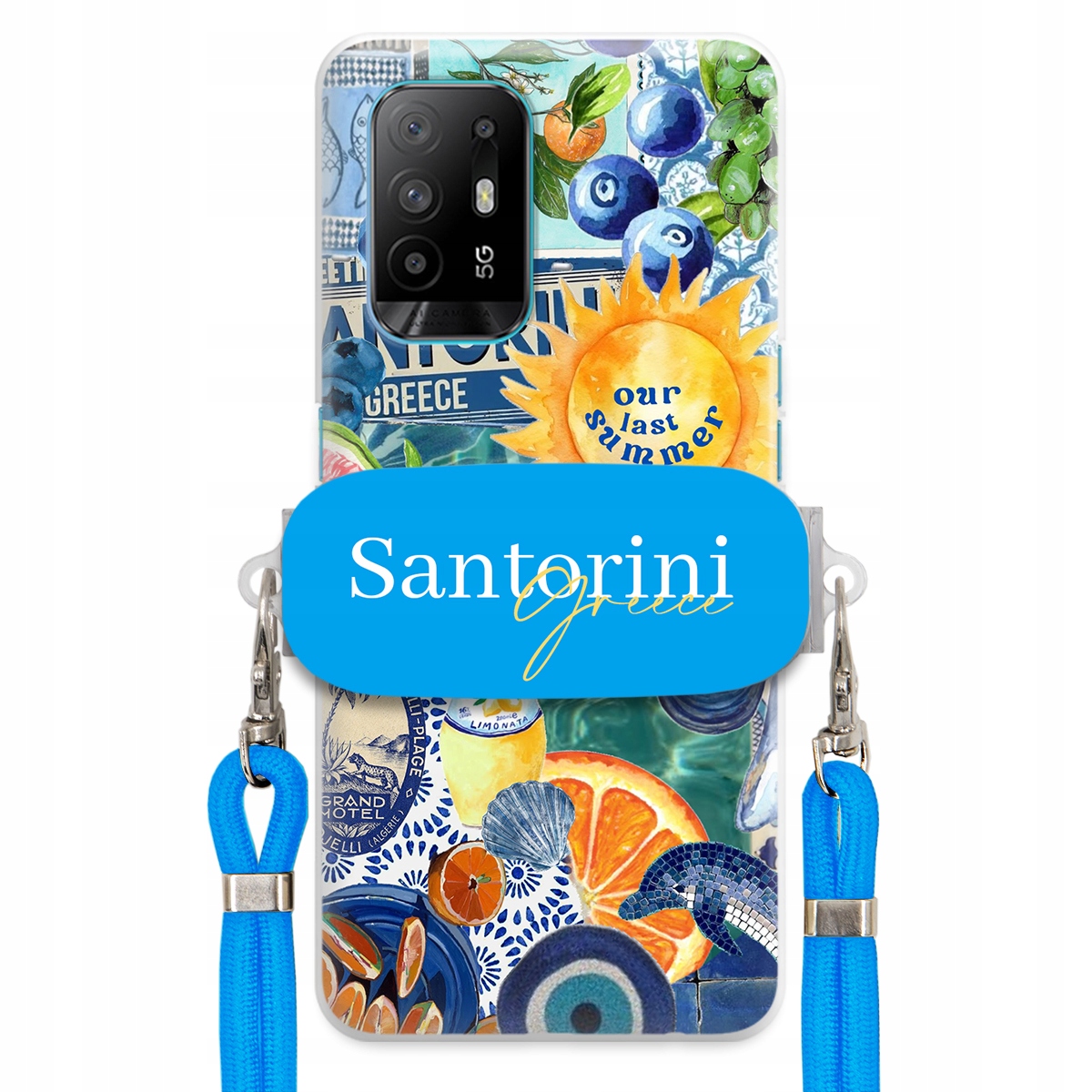 Puzdro pre Oppo Reno 5Z Modré Crossbody vodítko držiak Santorini Sea Vibes