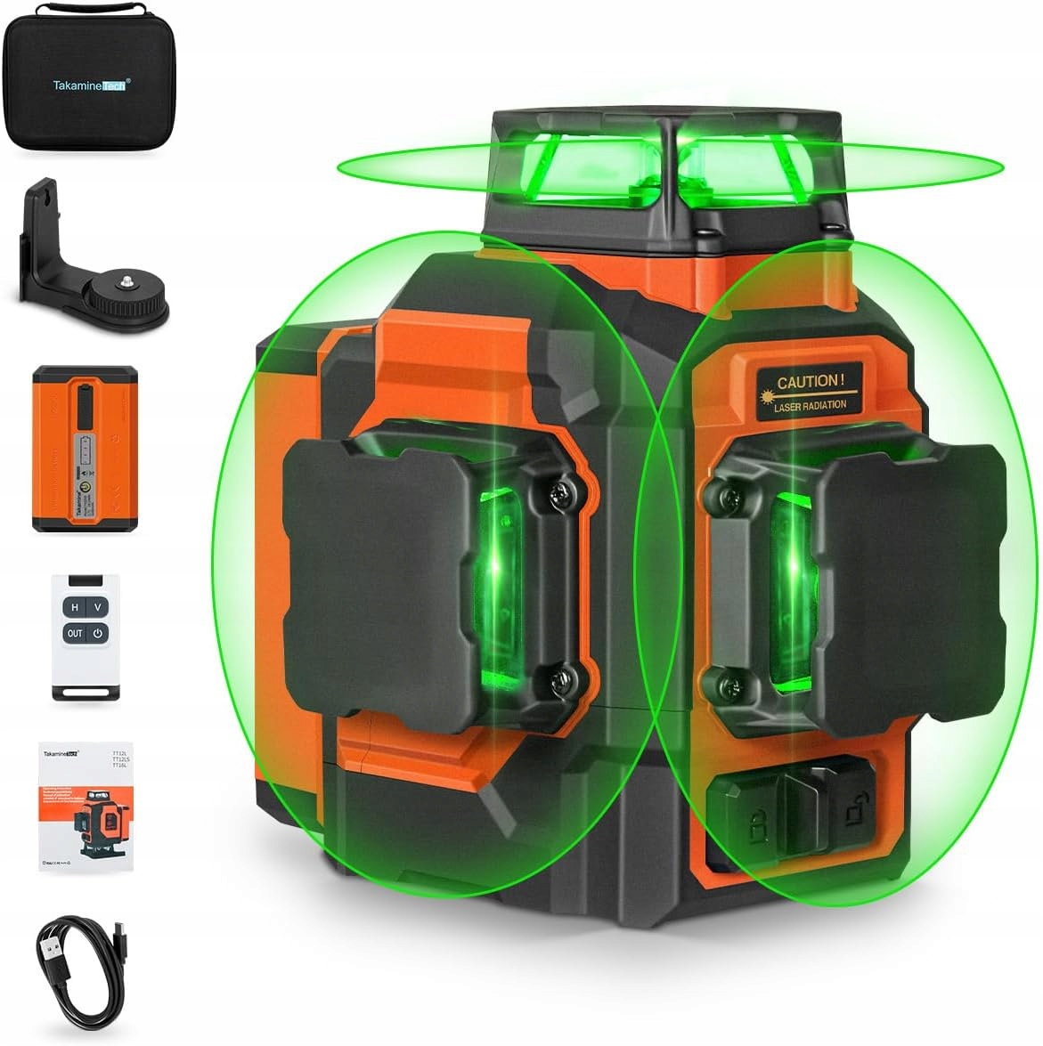 TakamineTech zelený křížový laser, laserová vodováha 3x360 stupňů 4D