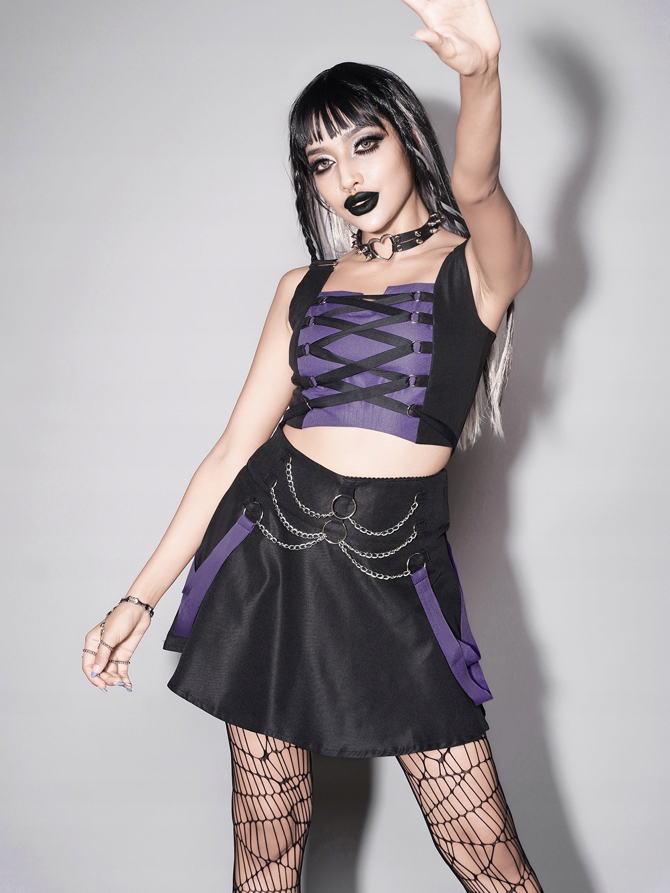 Komplet Goth Top Šněrovací Sukně Prošívaná Černá Shein S 36