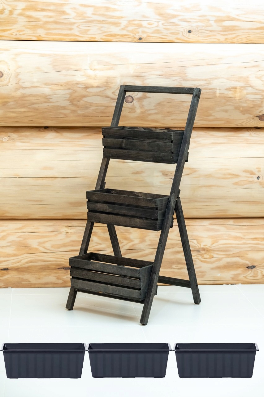 Držák Na Květináč dřevěný rozkládací stojan černý na květiny 3 truhlíky 3 vložky