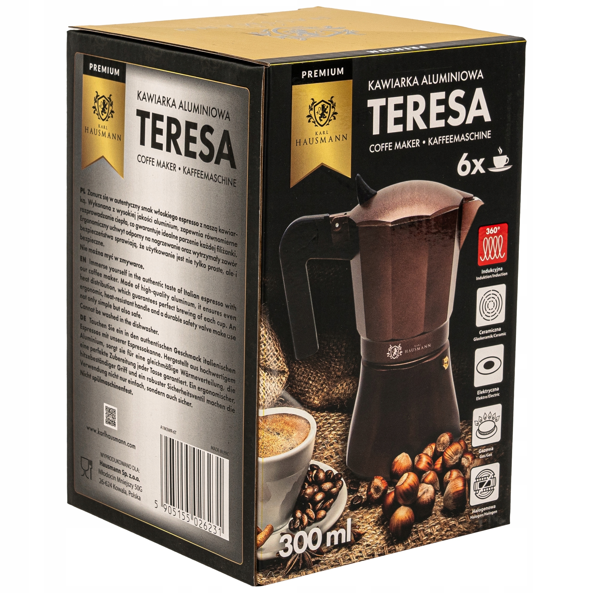 KAWIARKA ALUMINIOWA 300ML DO PARZENIA KAWY NA 6 ESPRESSO ZAPARZACZ DO KAWY Pojemność (w filiżankach) 6