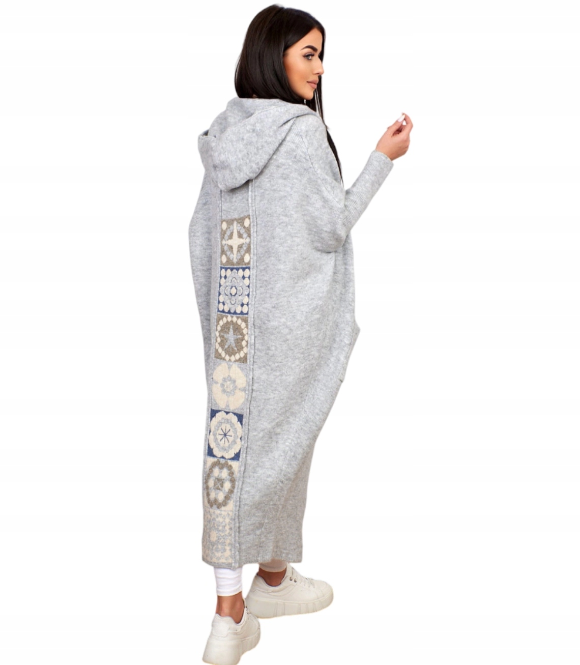 Dlouhý kardigan svetr s řeckým vzorem a vlnou s kapucí, teplý, velikost L