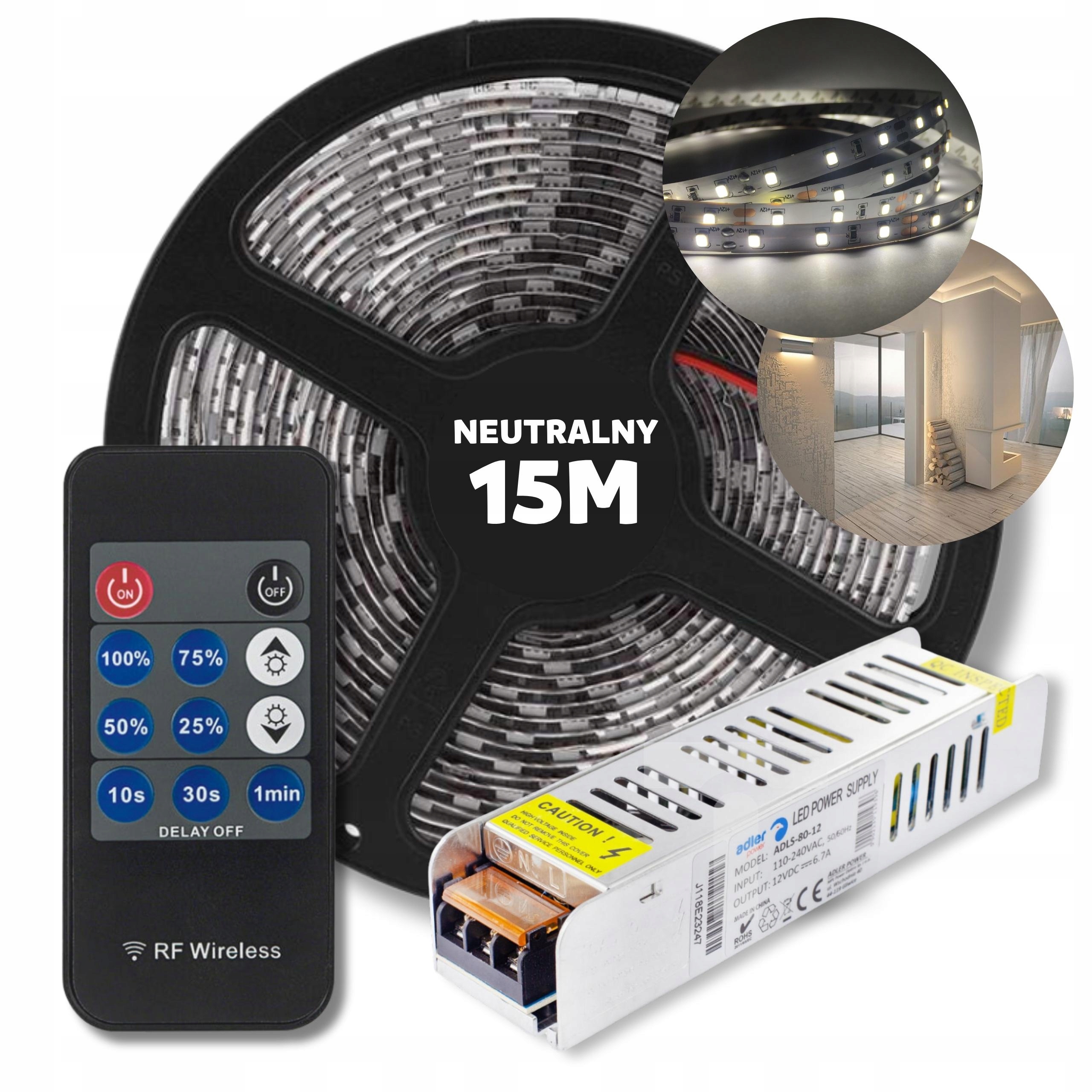 Sada 15 m Pásik Led Smd biely neutrálny napájací zdroj diaľkový ovládač 12 V