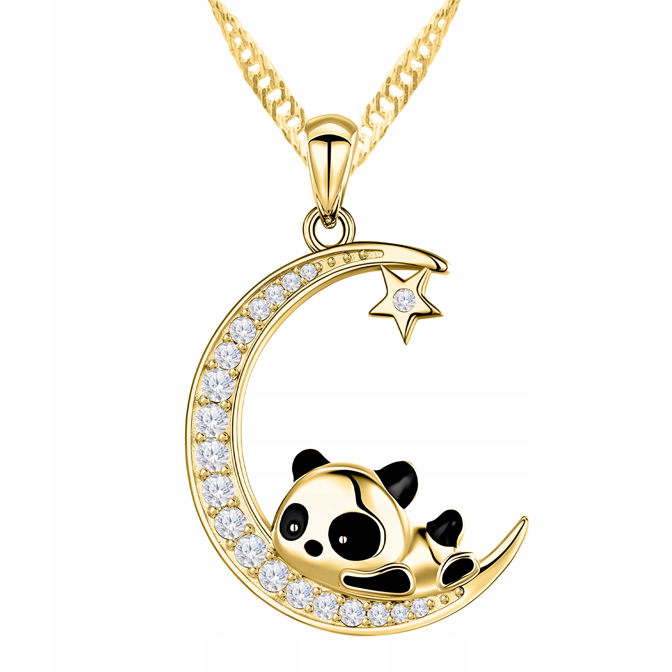 Zlatý Náhrdelník 925 s Panda Zirkony Půlměsíc Hvězdička Pozlacený 585
