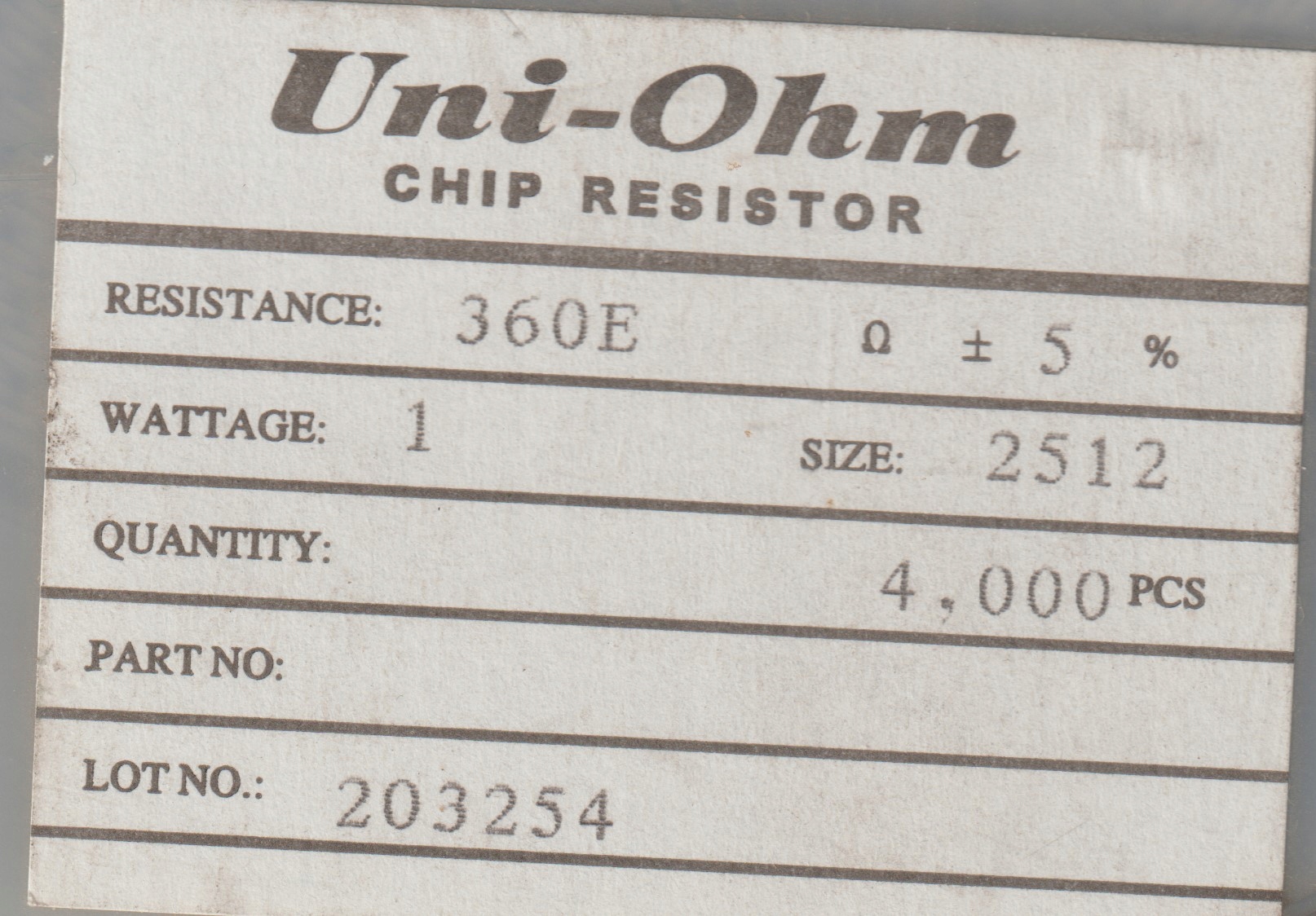 [20szt] 360R 5% 200ppm 1W rezystor Smd 2512 Uni-Ohm