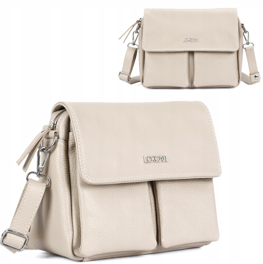 Skórzane damskie torebki średniej wielkości na długim pasku jasne beżowe a5