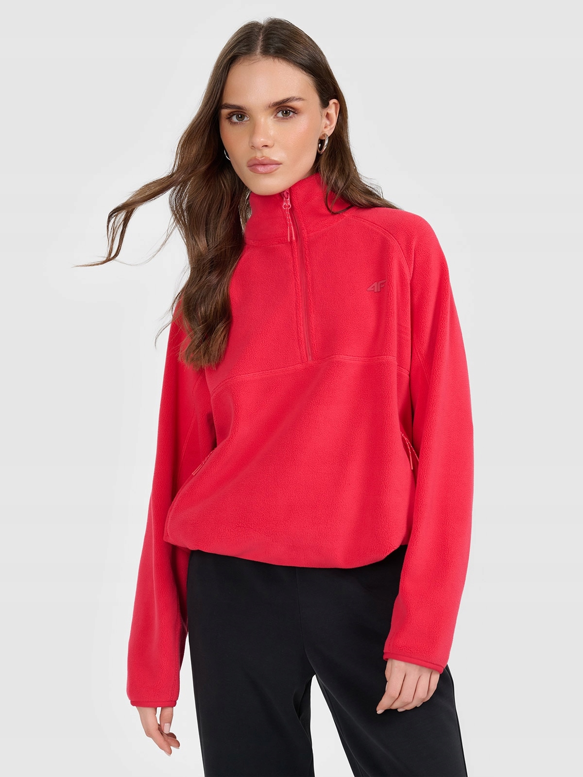 4F Dámská fleecová mikina regular bez kapuce červená L